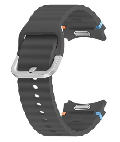 Ciemnoszary pasek do zegarka ze srebrną klamrą. Pasek ma żebrowaną teksturę, widoczne punkty mocowania.