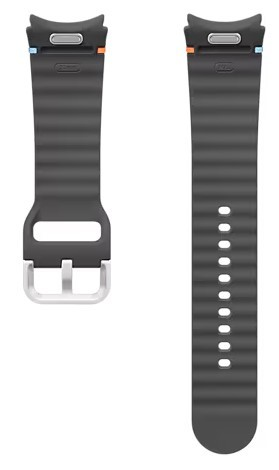 Dwa czarne paski do smartwatcha ze srebrnymi klamrami. Są płaskie, prążkowane i mają pomarańczowe akcenty.