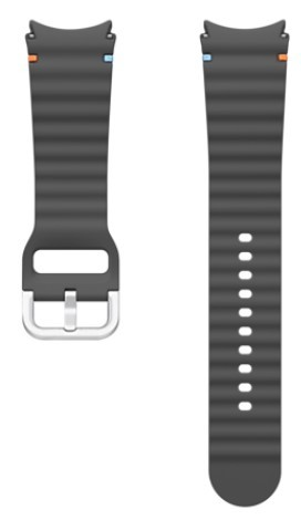 Dwie części ciemnoszarego paska do zegarka z klamrą i otworami, zbliżenie.