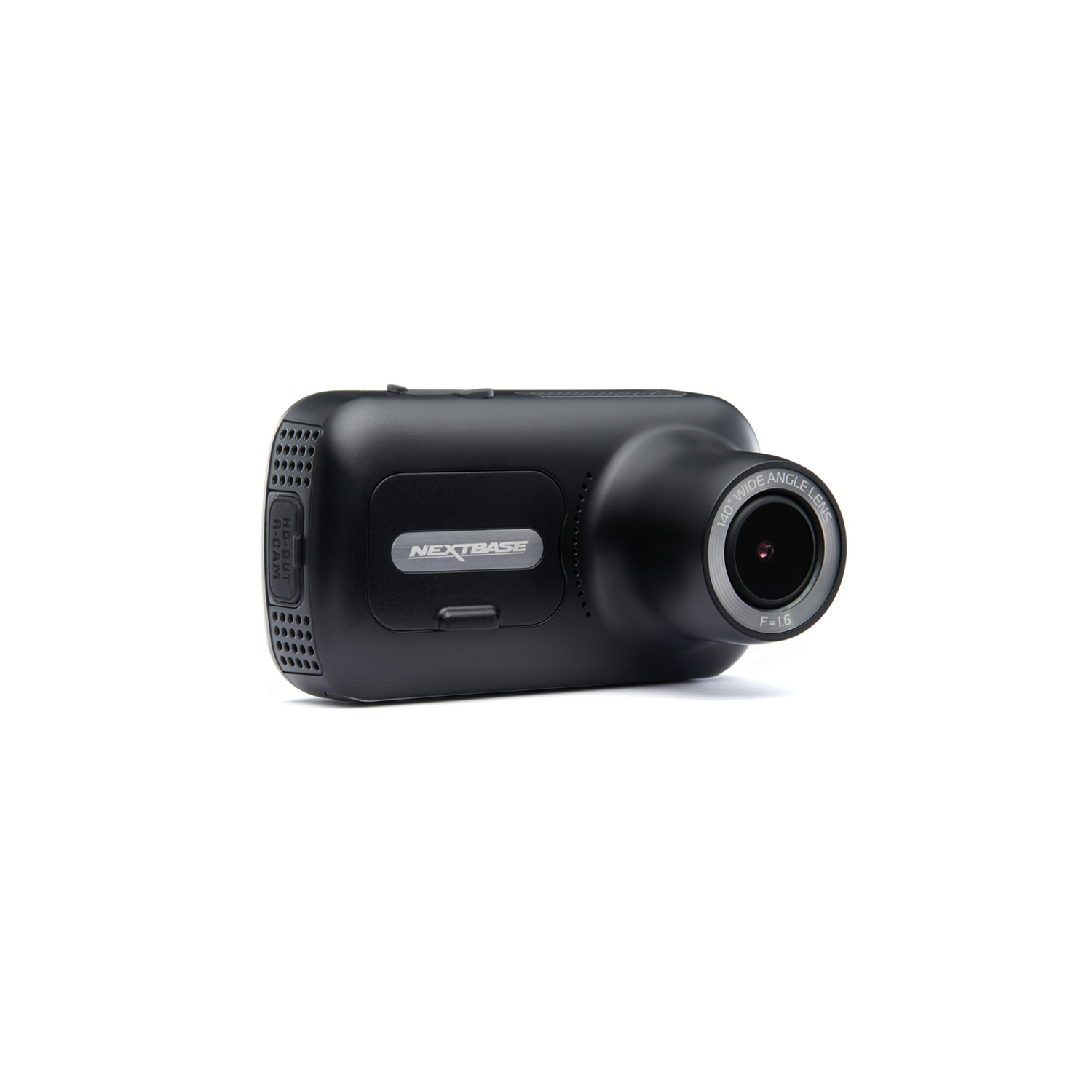 Een grijze dashcam met lens en Nextbase-logo, op een witte achtergrond.