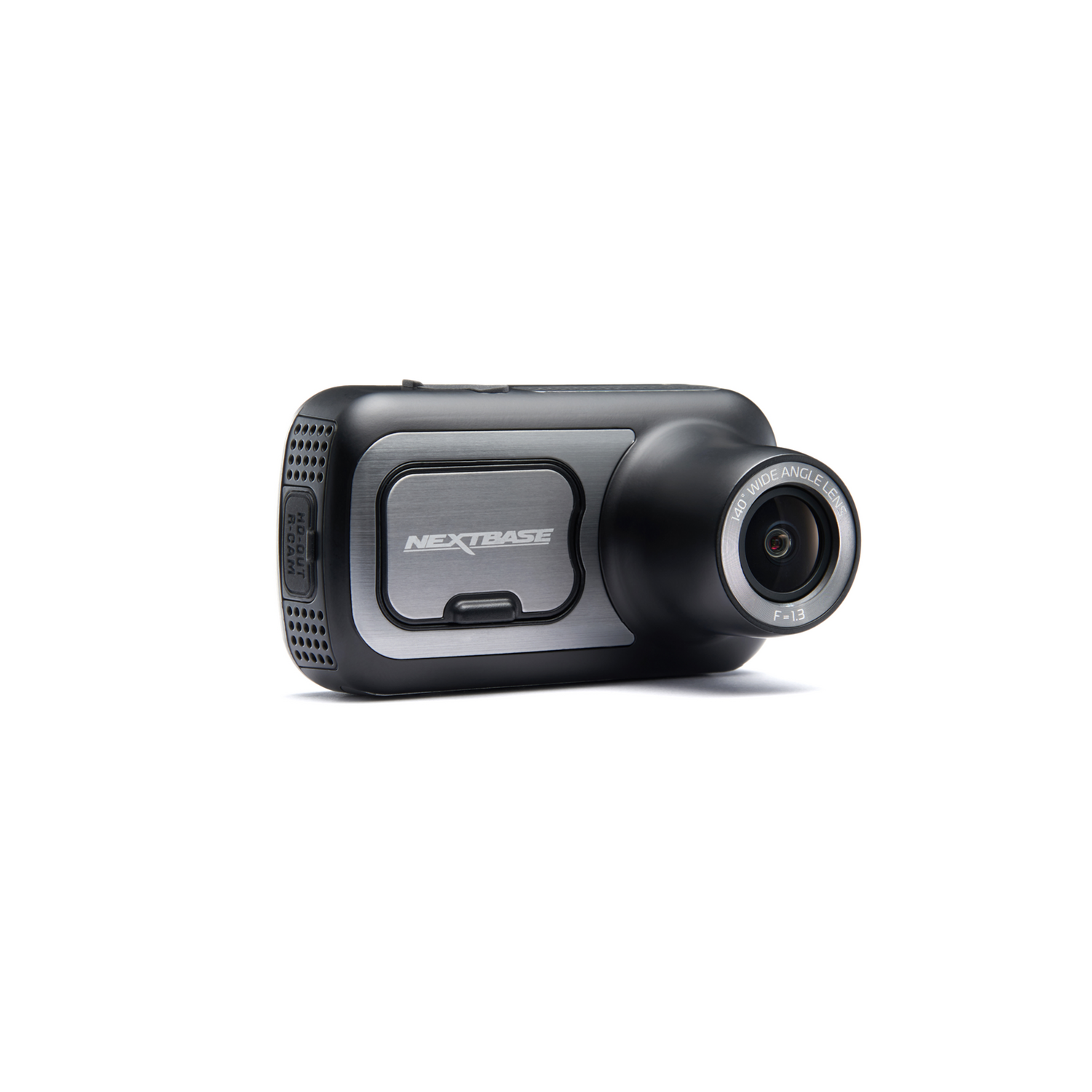 Zwarte dashcam met zilveren details. Het heeft een lens, en het merk 'Nextbase' is zichtbaar aan de voorkant.