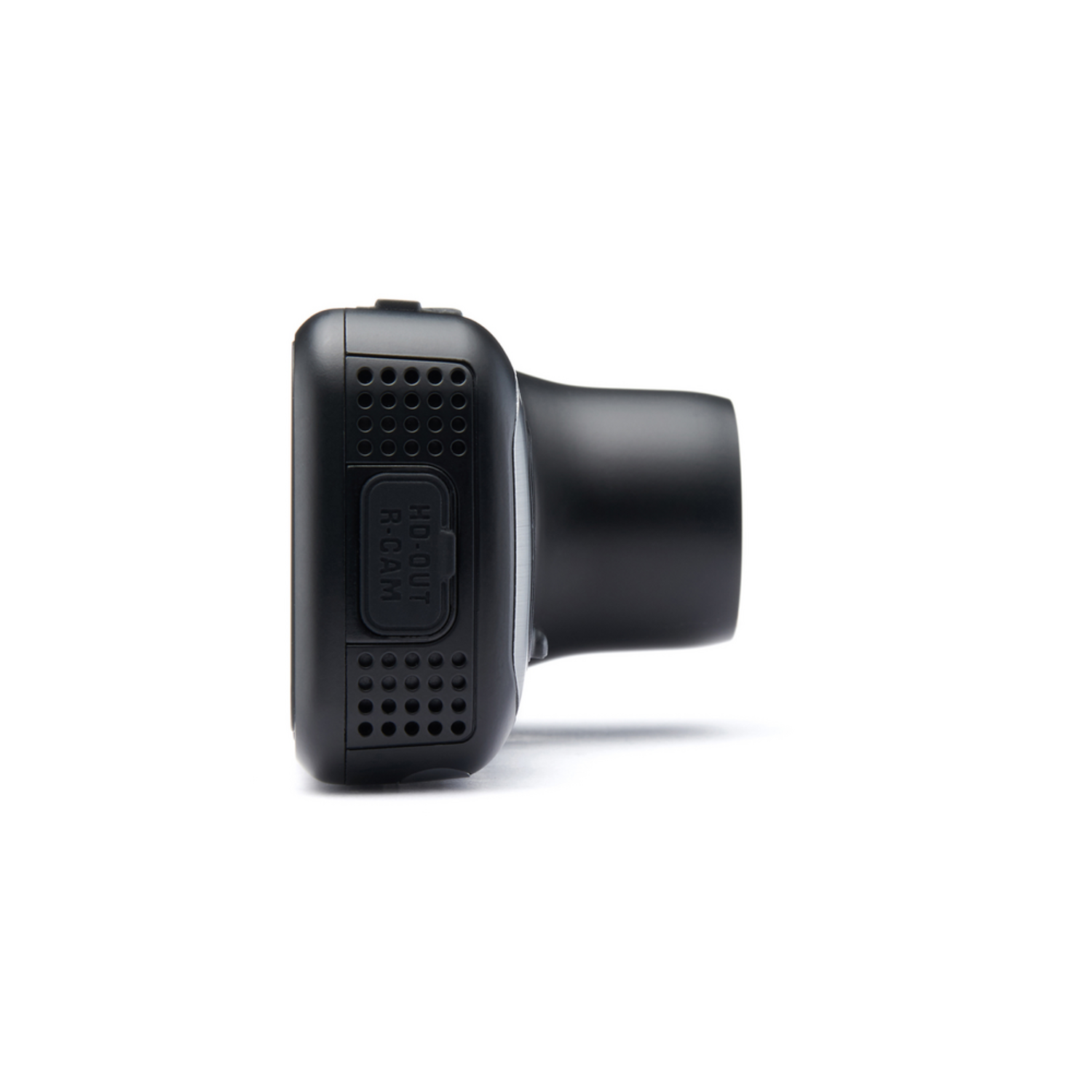 Zwarte dashcam, zijaanzicht, met ventilatieopeningen en poorten.
