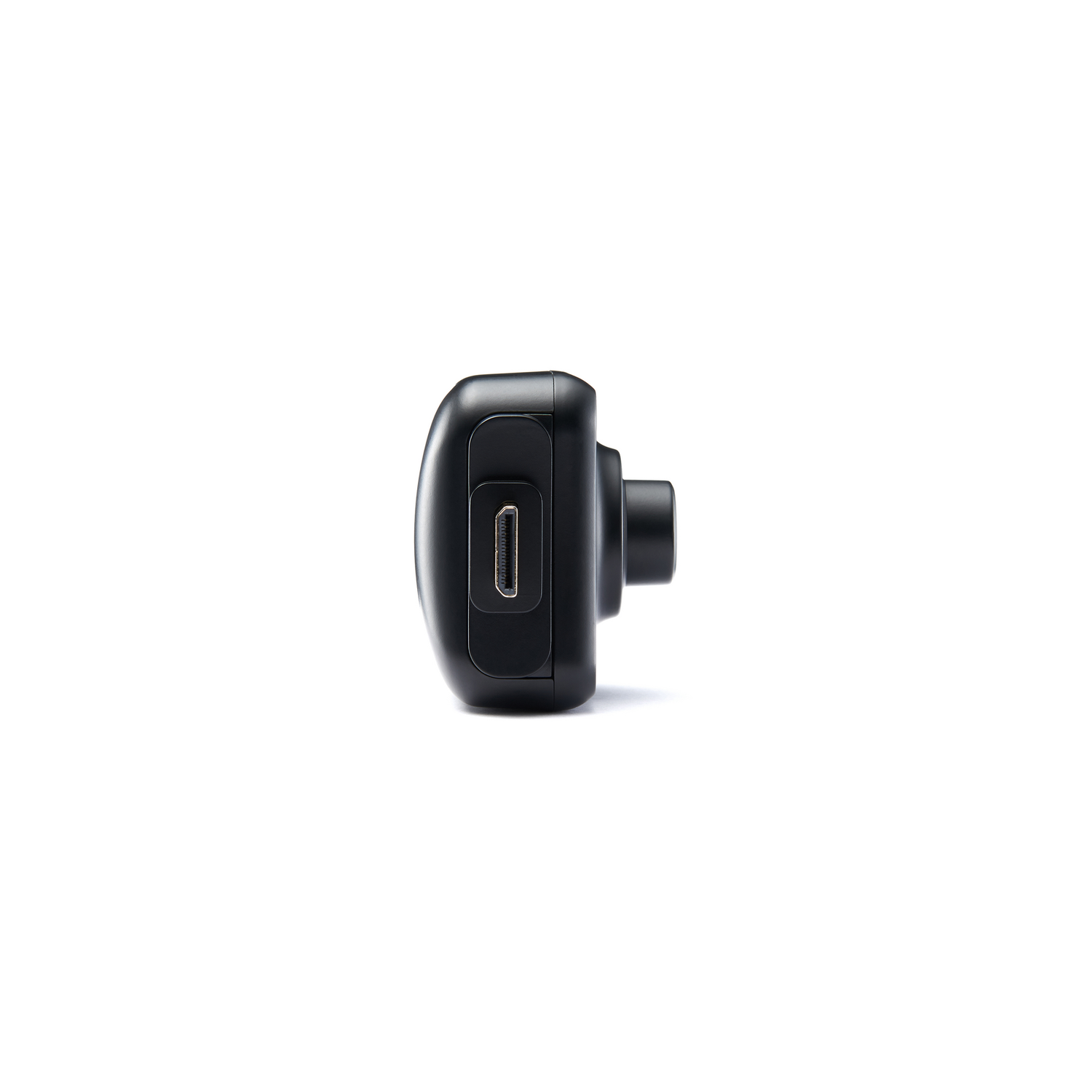 Zwarte camera met USB-C poort, van de zijkant gezien.