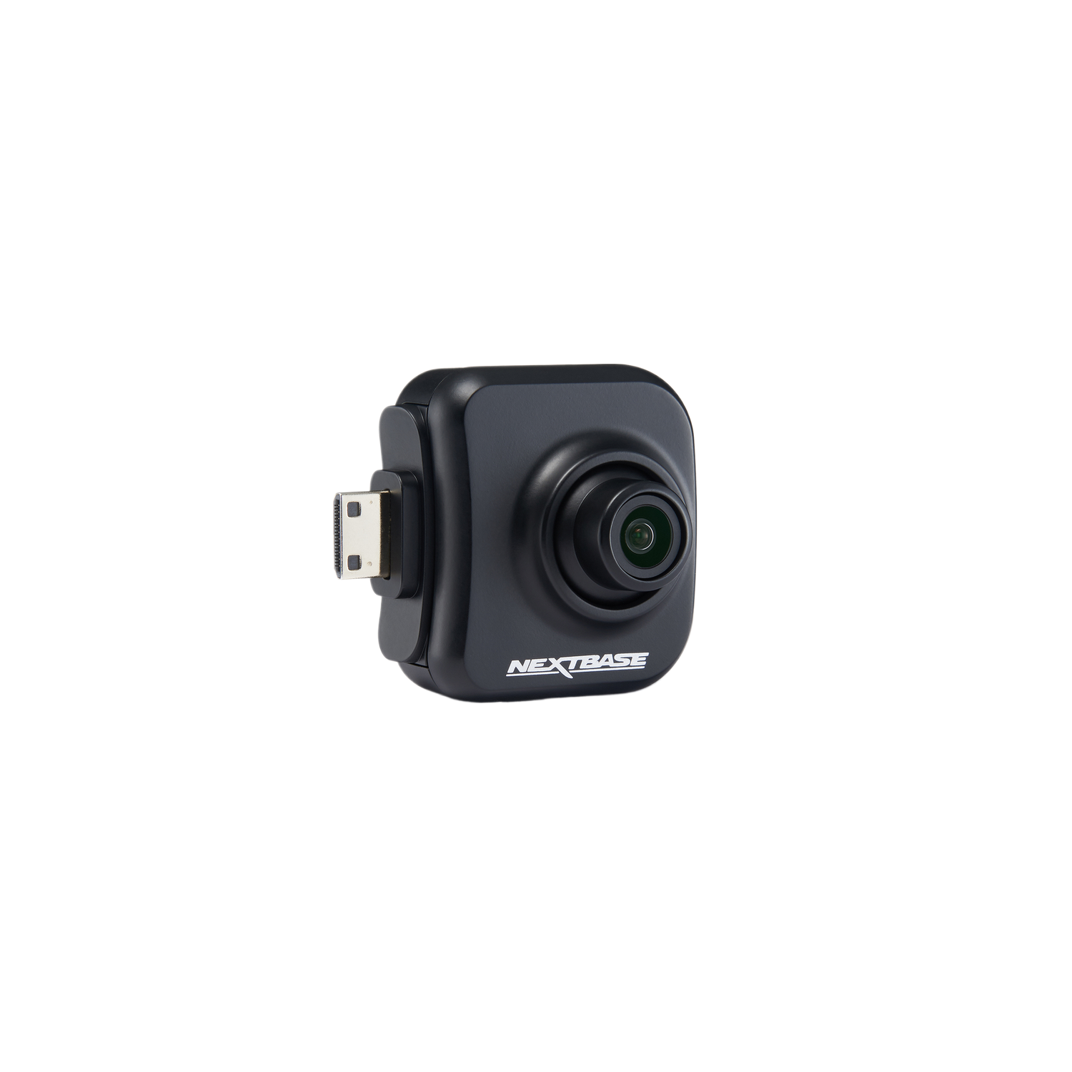 Compacte zwarte Nextbase dashcam met lens en connector.
