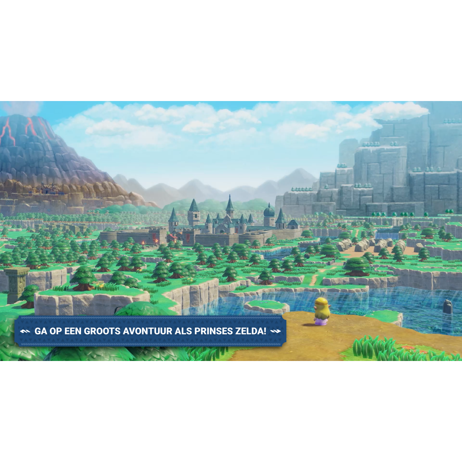 A video game scene with a castle and a princess. Text says 'Go on a great adventure as Princess Zelda!'