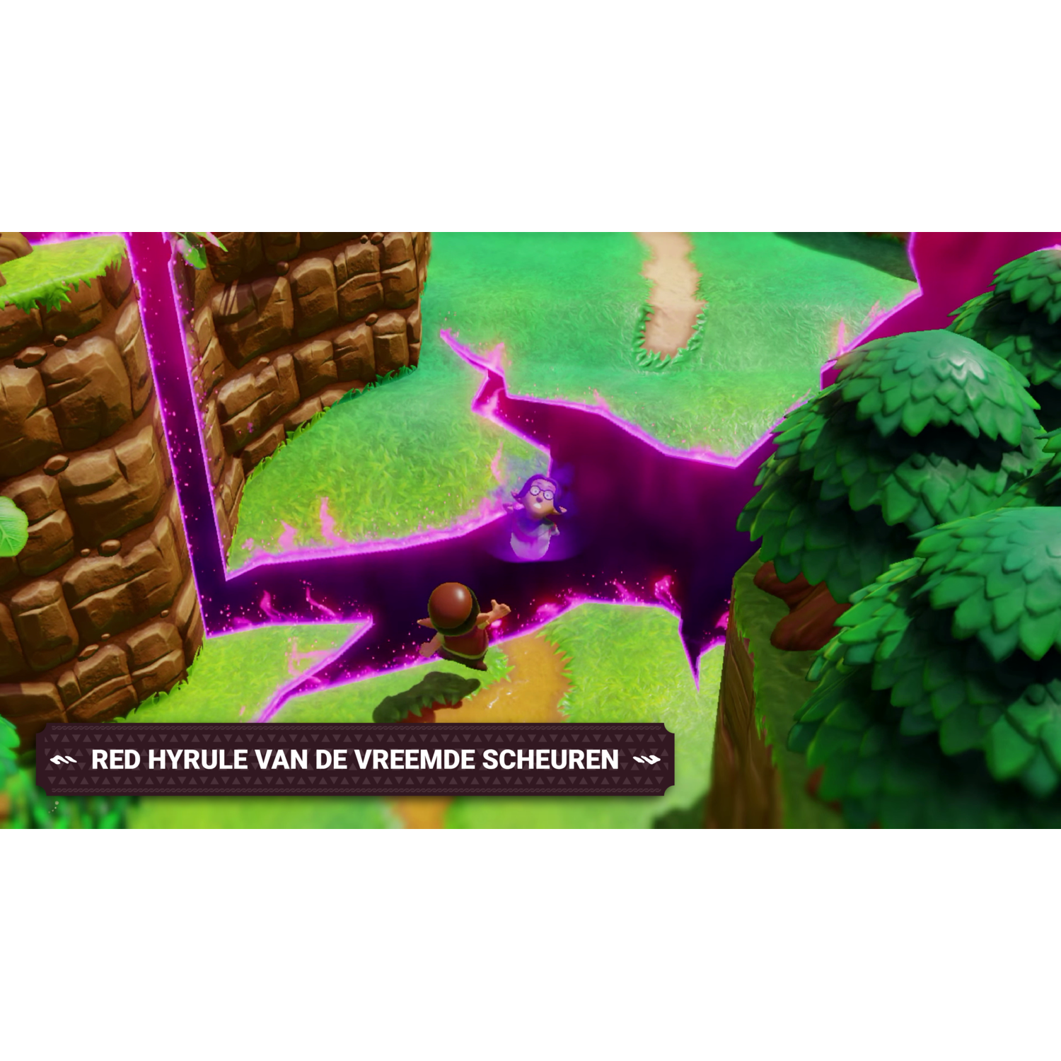 Overhead view of a video game scene showing a character near a purple rift.