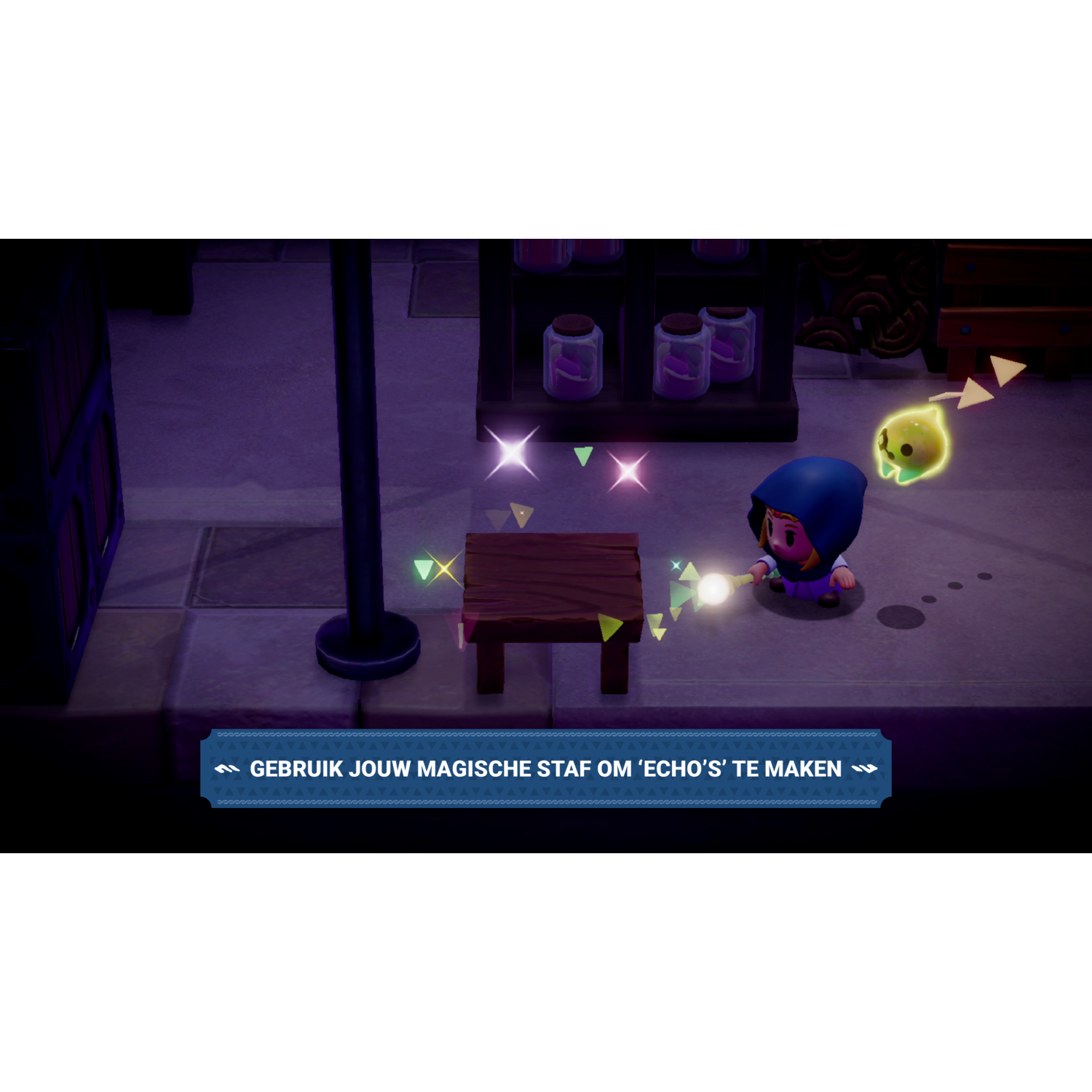 A character using a magic staff to create echoes in a dimly lit environment.