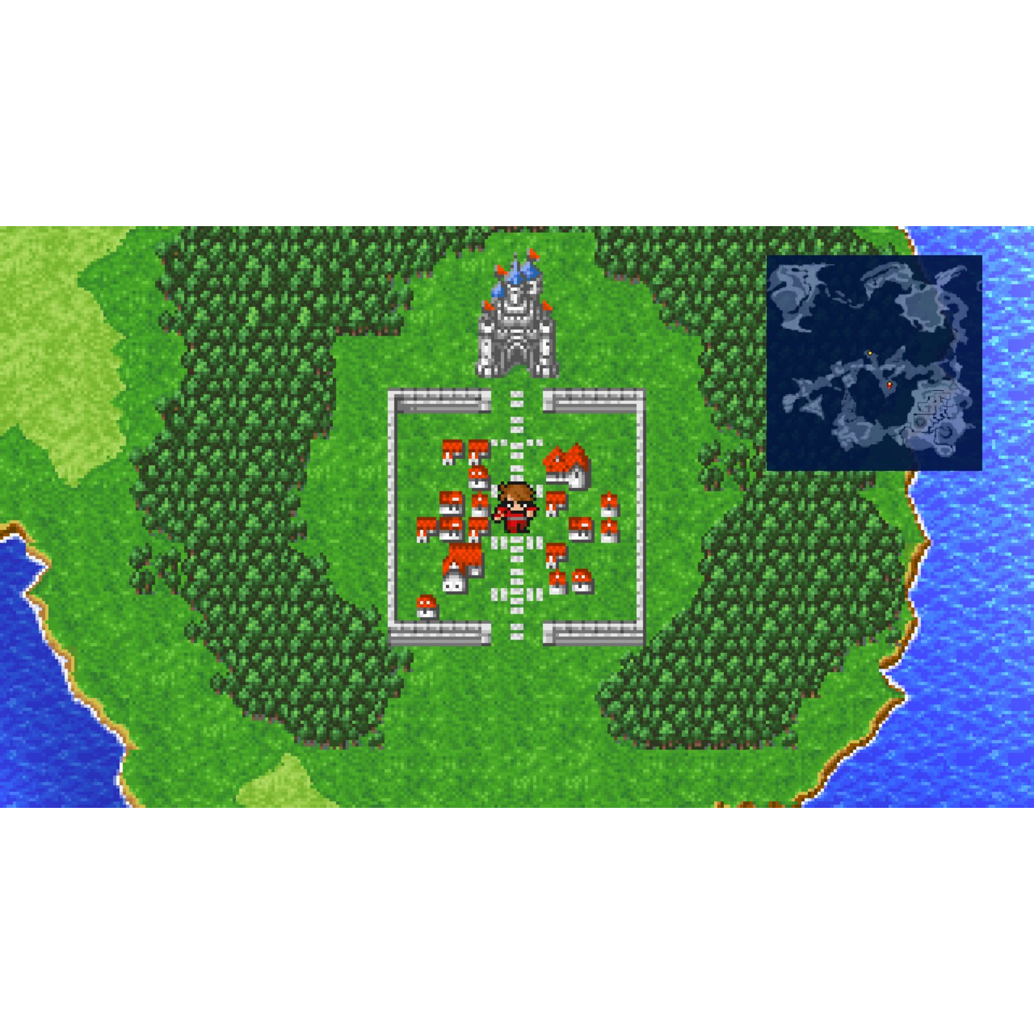 A pixelated map of a fantasy town. A town is in the center with a castle and a map in the corner.