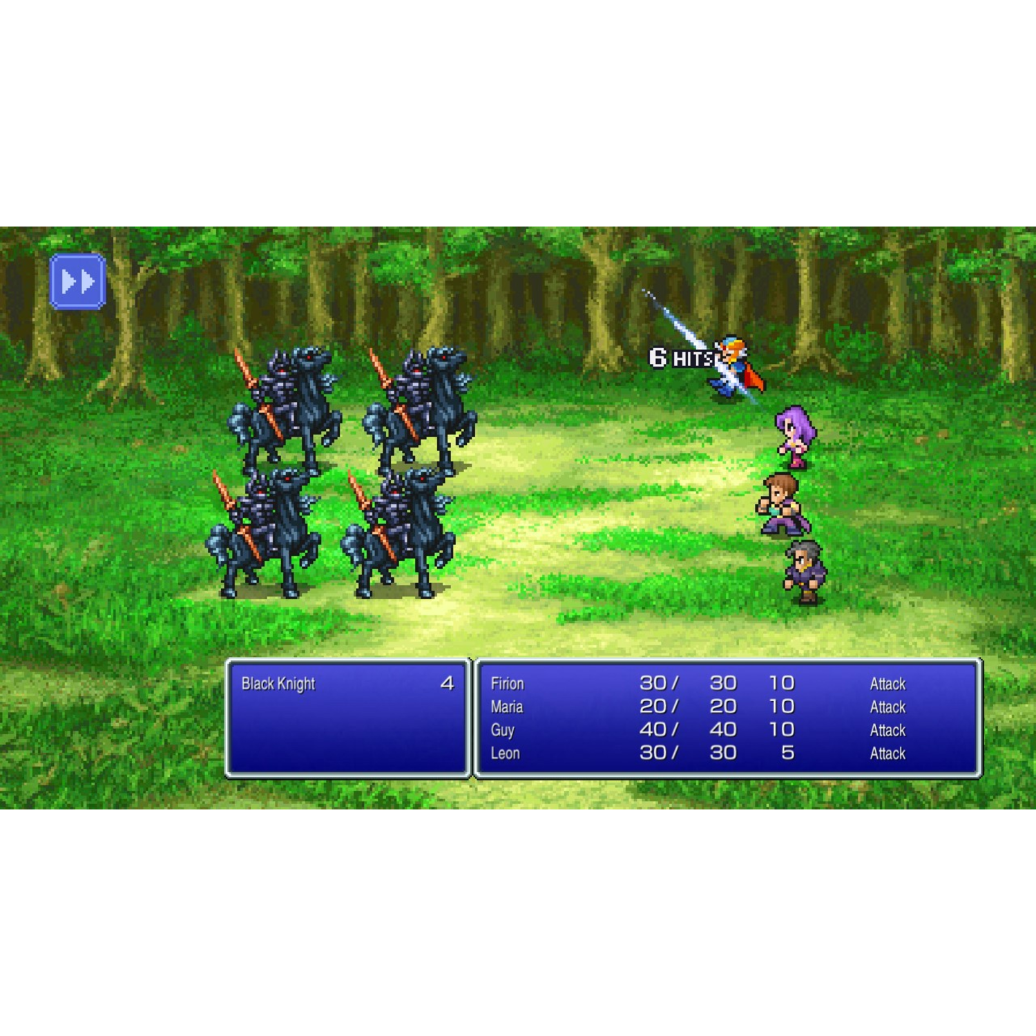 Screenshot of a Final Fantasy-style battle scene with pixelated characters and text boxes.