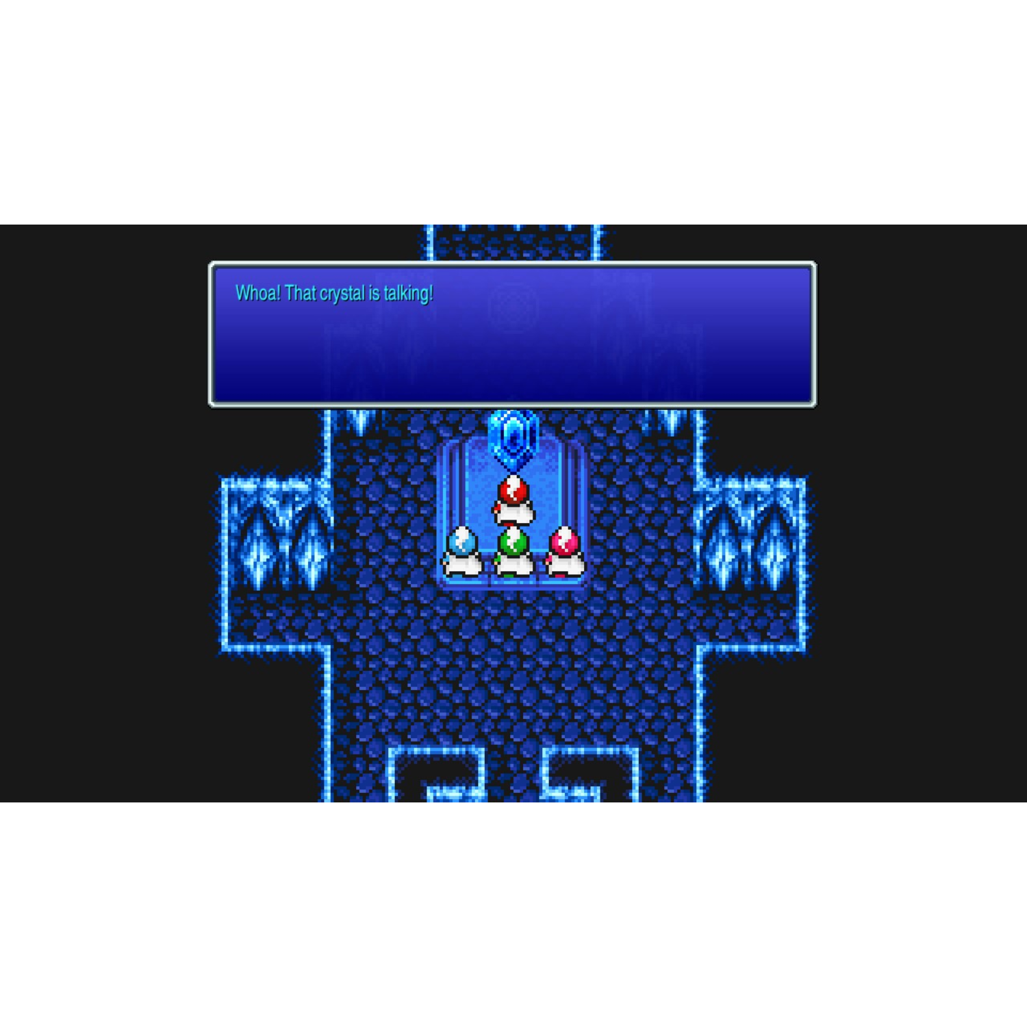 Retro video game scene with pixelated characters in a blue room. Text bubble above them.