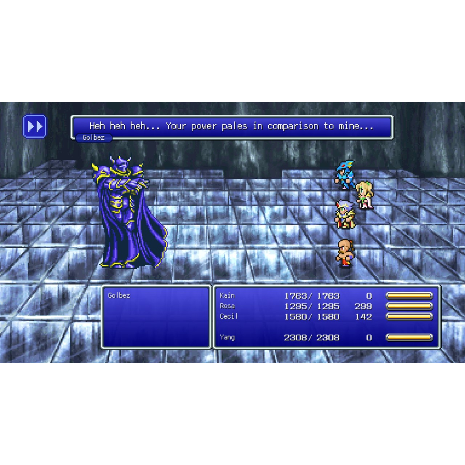 A video game scene: Golbez, a dark figure, faces four heroes. Dialogue appears above Golbez.