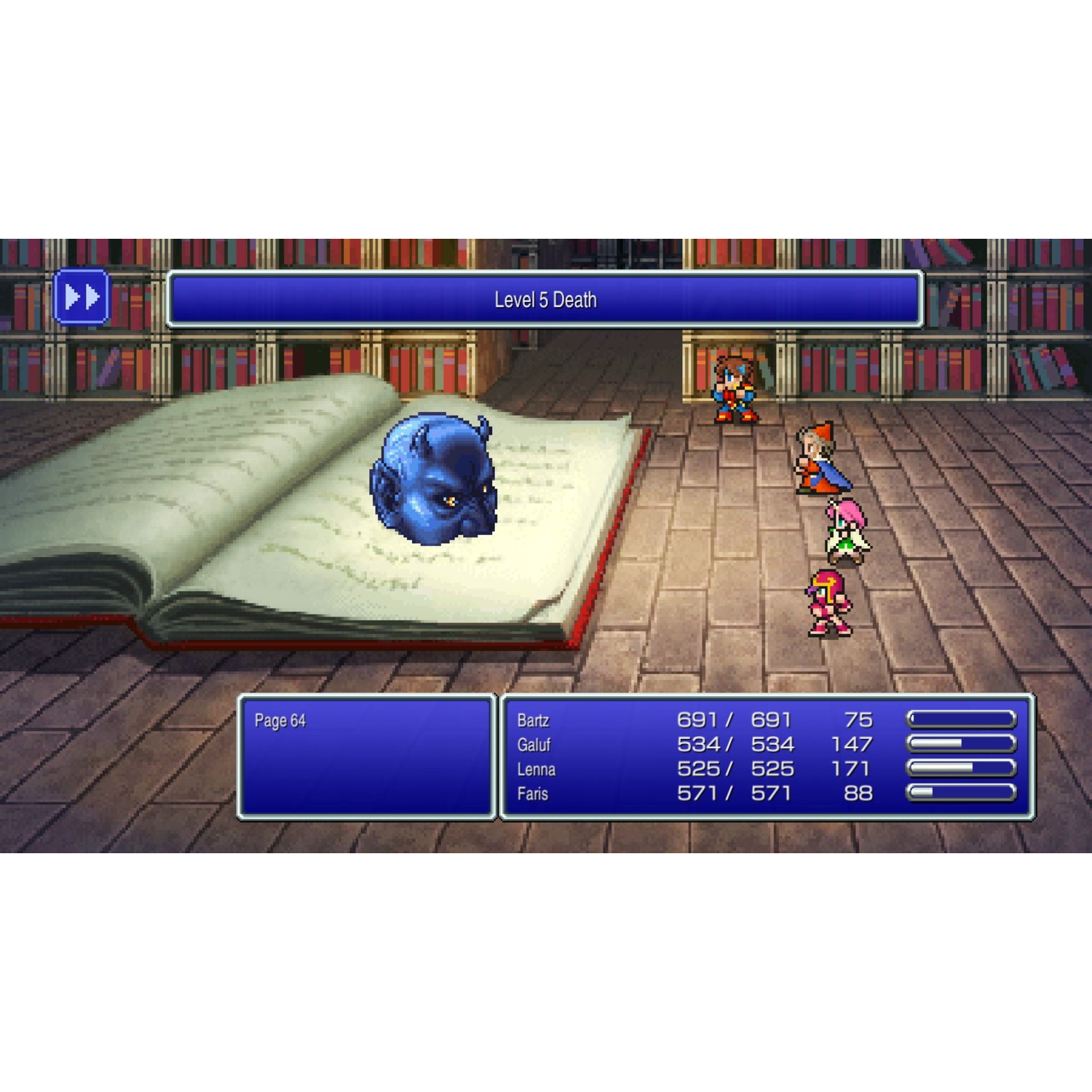 Video game scene from Final Fantasy V. Characters are in a library.