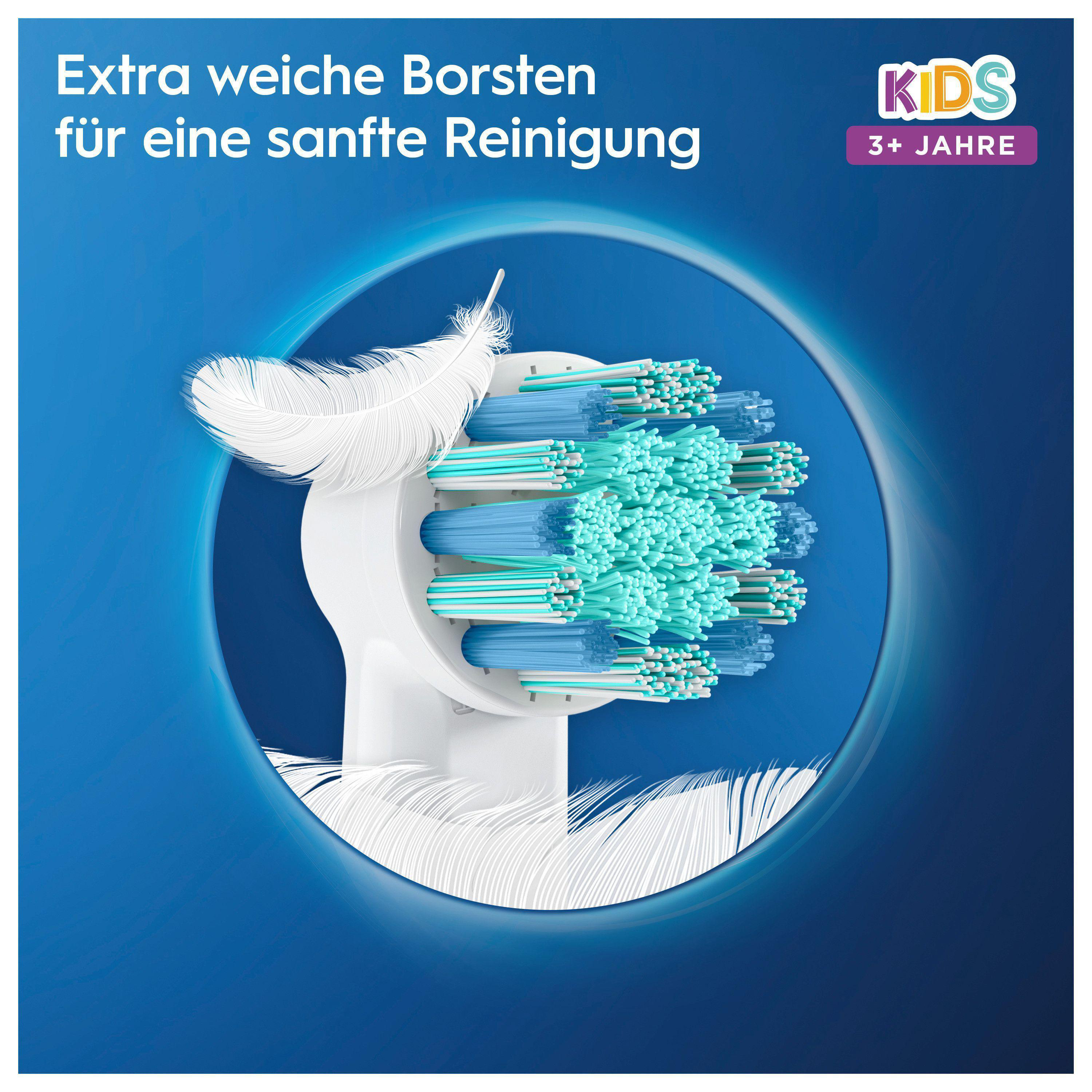 Nahaufnahme eines Zahnbürstenkopfes, blaue und grüne Borsten, weiße Feder.