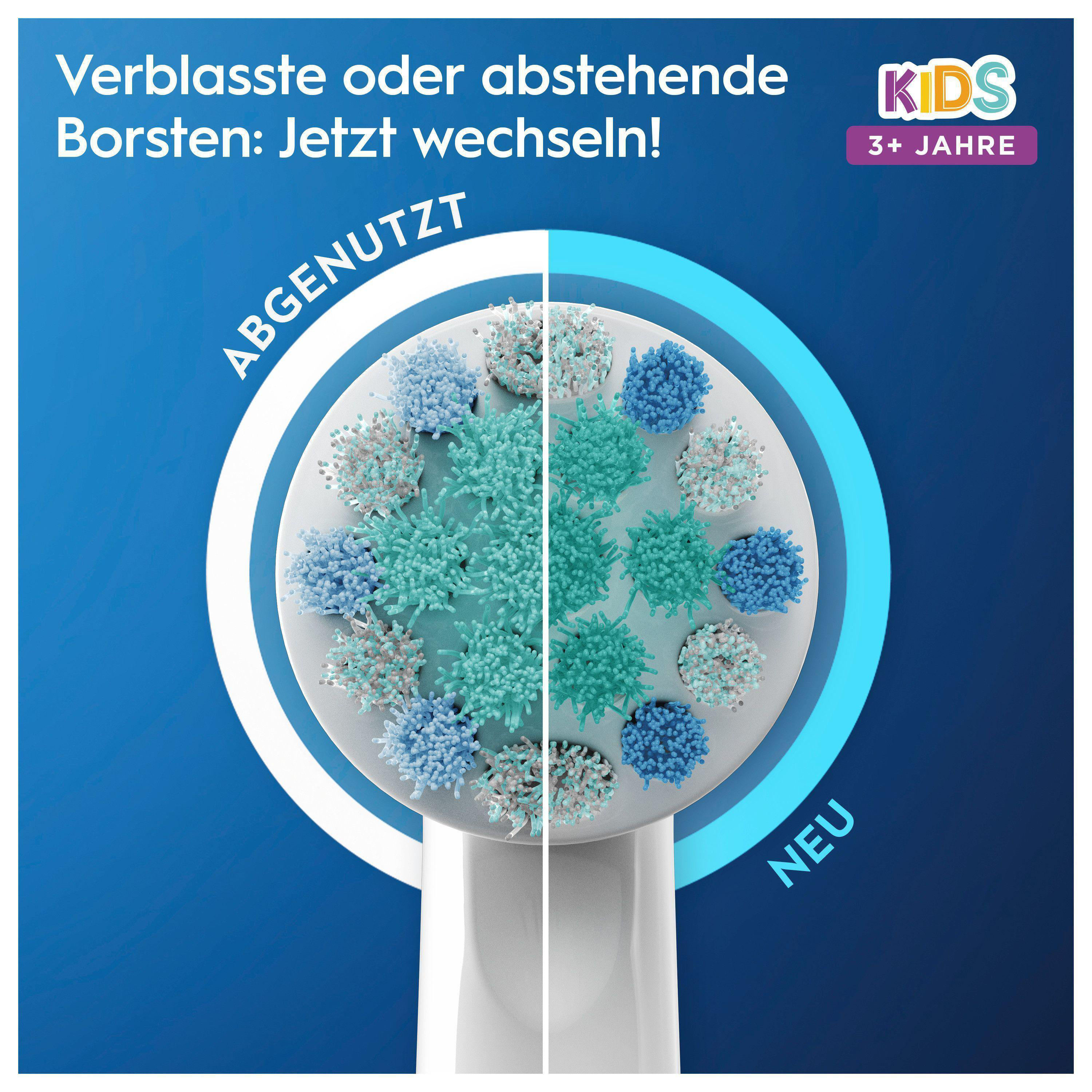 Nahaufnahme eines Zahnbürstenkopfes, der neue und abgenutzte Borsten zeigt. Die Bürste ist weiß und blau.