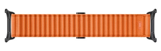 Pomarańczowy pasek Apple Watch płasko. Teksturowana powierzchnia i zapięcie magnetyczne. Żywy pomarańcz.