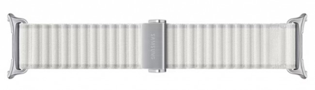 Biały pasek do zegarka Samsung ze srebrną klamrą, teksturowany, na białym tle.
