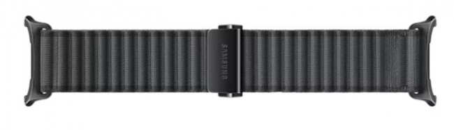 Czarny pasek do zegarka z metalowym zapięciem. Marka to Samsung.