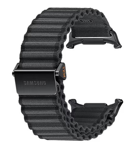 Czarny i szary pasek do zegarka z teksturowanym wzorem. Logo Samsung i klamra.