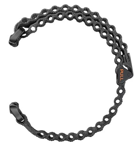 Czarny i szary pasek z uchwytem do pociągania i dwoma czarnymi klipsami.