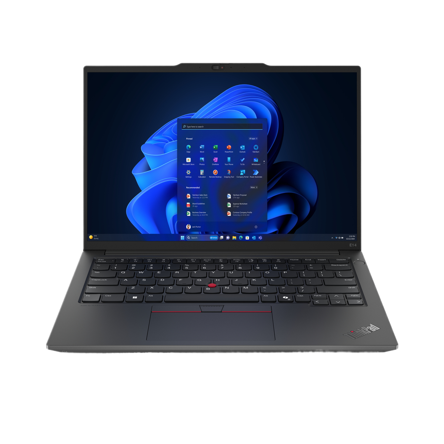 Een Lenovo Thinkpad laptop met een scherm dat de Windows 11-interface toont, op een zwart oppervlak.