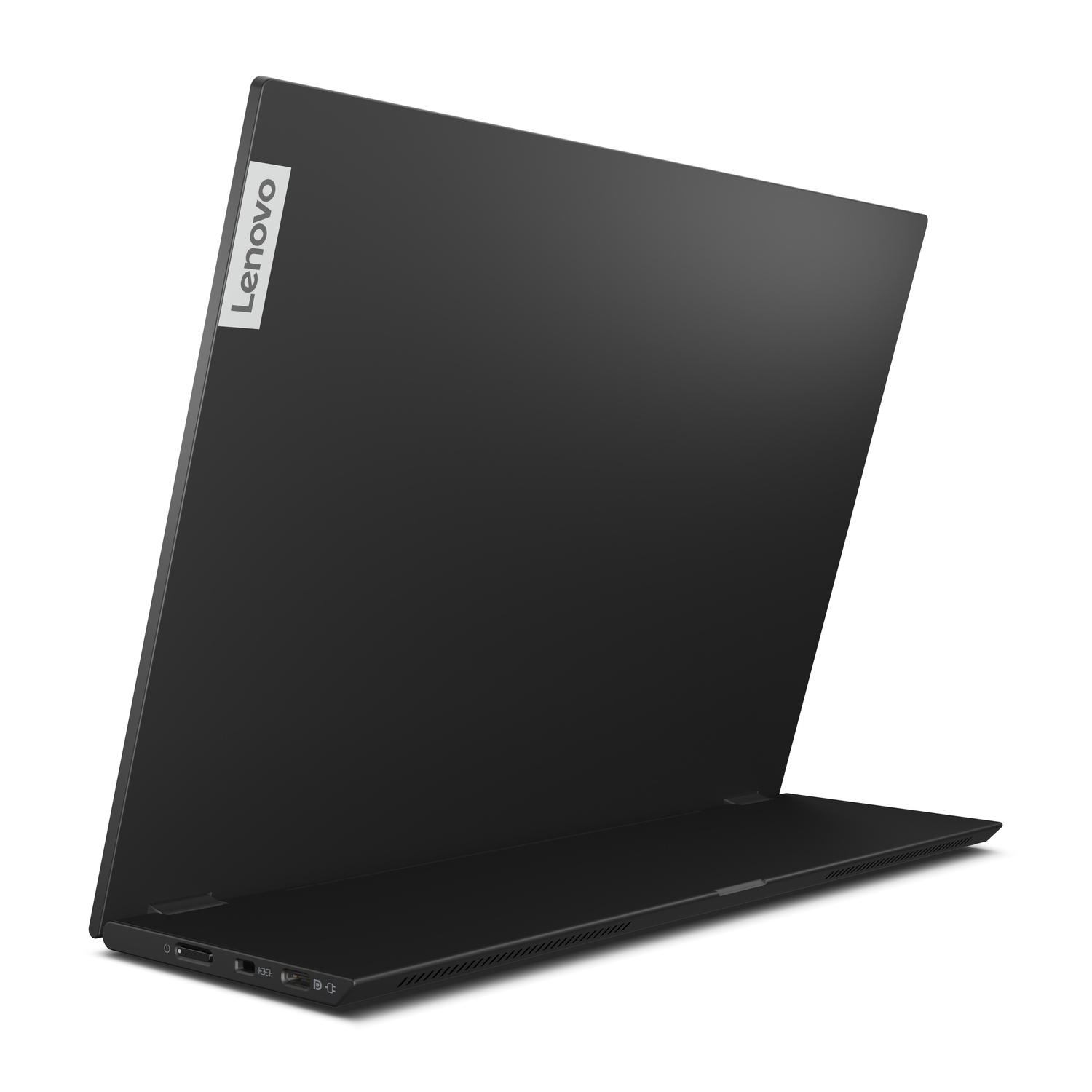Zwarte laptop, achteraanzicht, gedeeltelijk open, Lenovo-logo zichtbaar, witte achtergrond.
