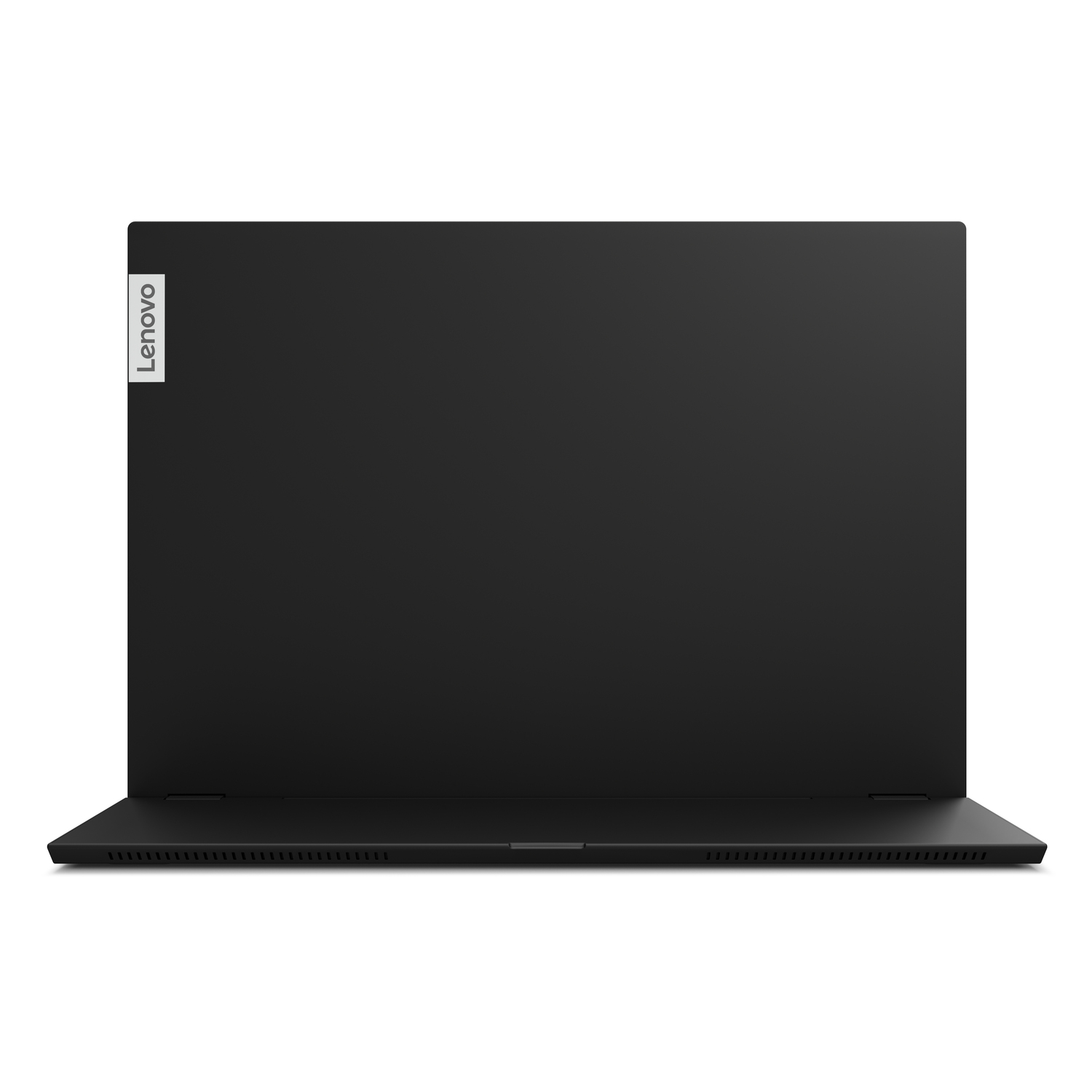 Achteraanzicht van een zwarte Lenovo-laptop, met het Lenovo-logo zichtbaar, op een witte achtergrond.