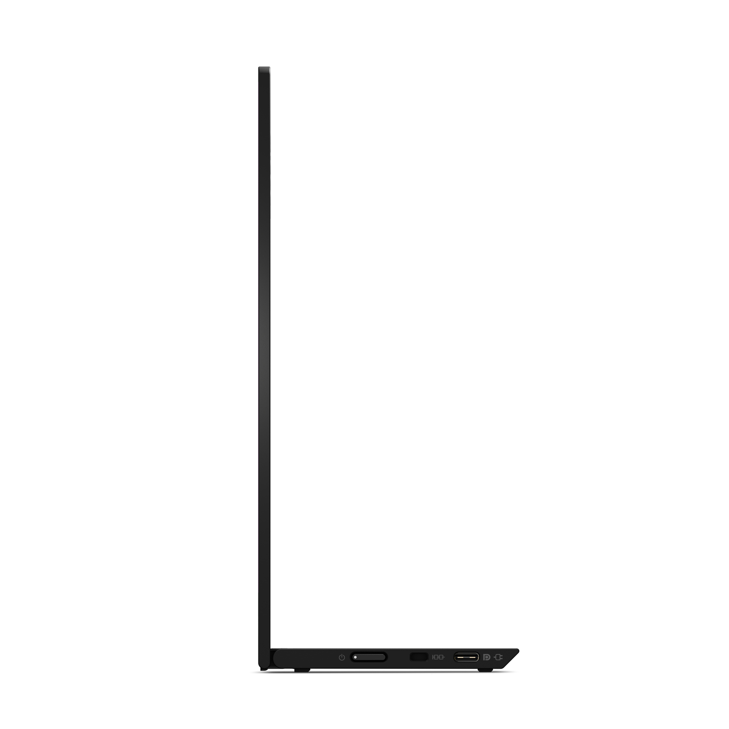 Zijaanzicht van een zwarte laptop. Scherm is gesloten. Poorten zijn zichtbaar.