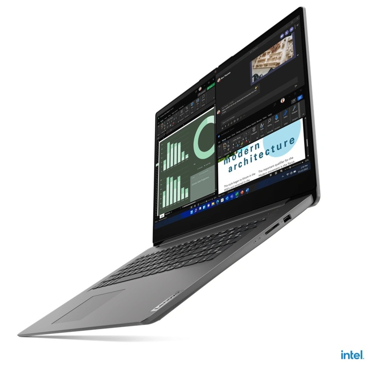 Laptop in use, displaying a presentation and other windows. The Intel logo is at the bottom.
