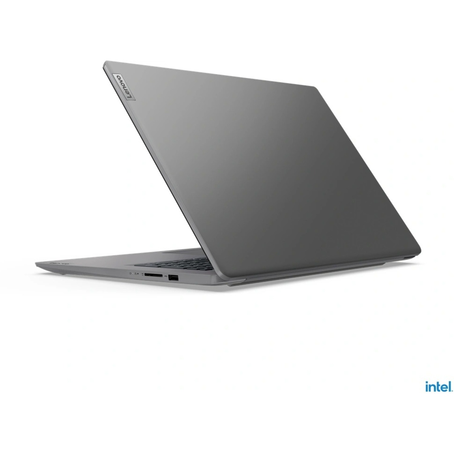 Gray Lenovo laptop, open, angled view, white background, intel logo.