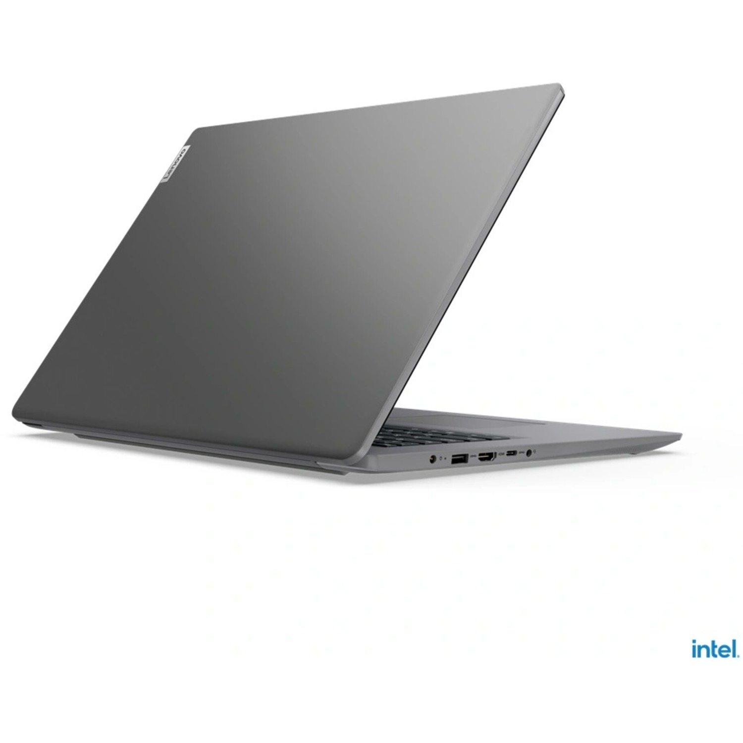 Gray laptop, back view, open, resting on a white surface.