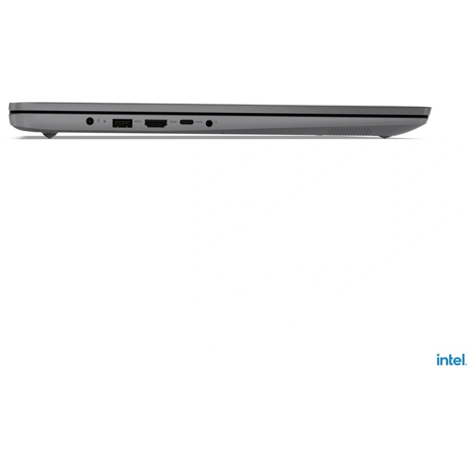 Side view of a gray laptop with ports on the side and the intel logo at the bottom right.