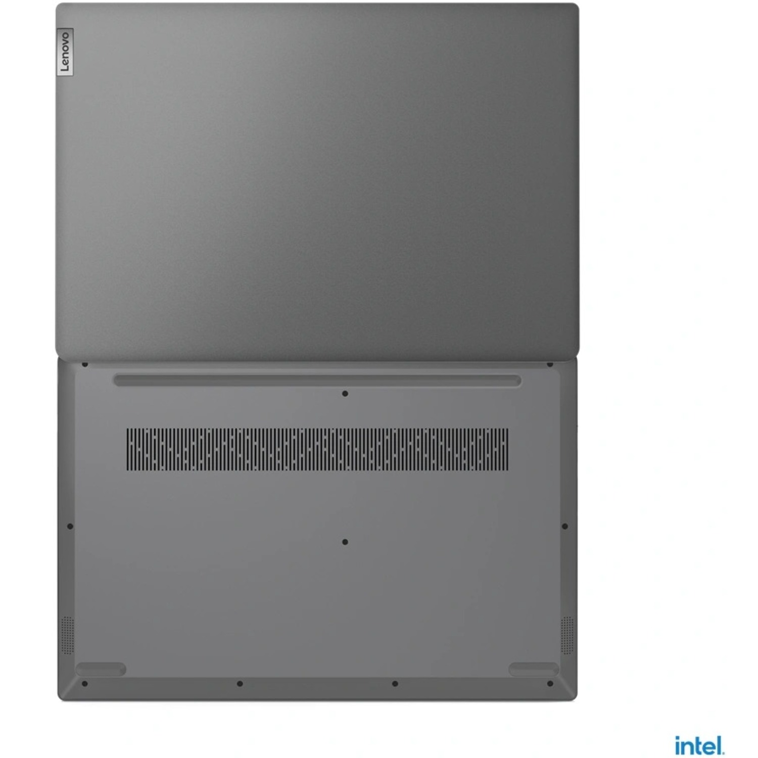 Top view of a gray laptop. The lid is open, showing the keyboard and the bottom.