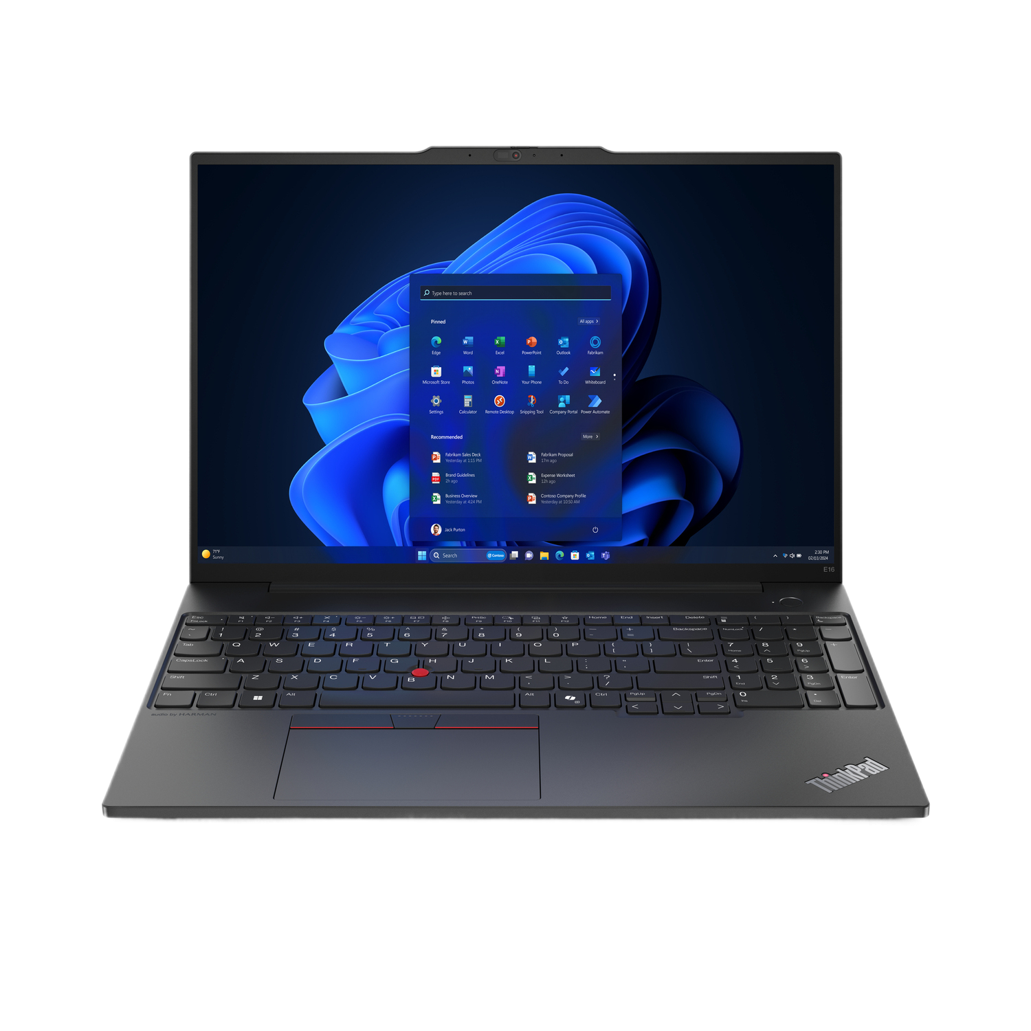 Een Thinkpad-laptop, open en naar de kijker gericht, met een Windows-interface.