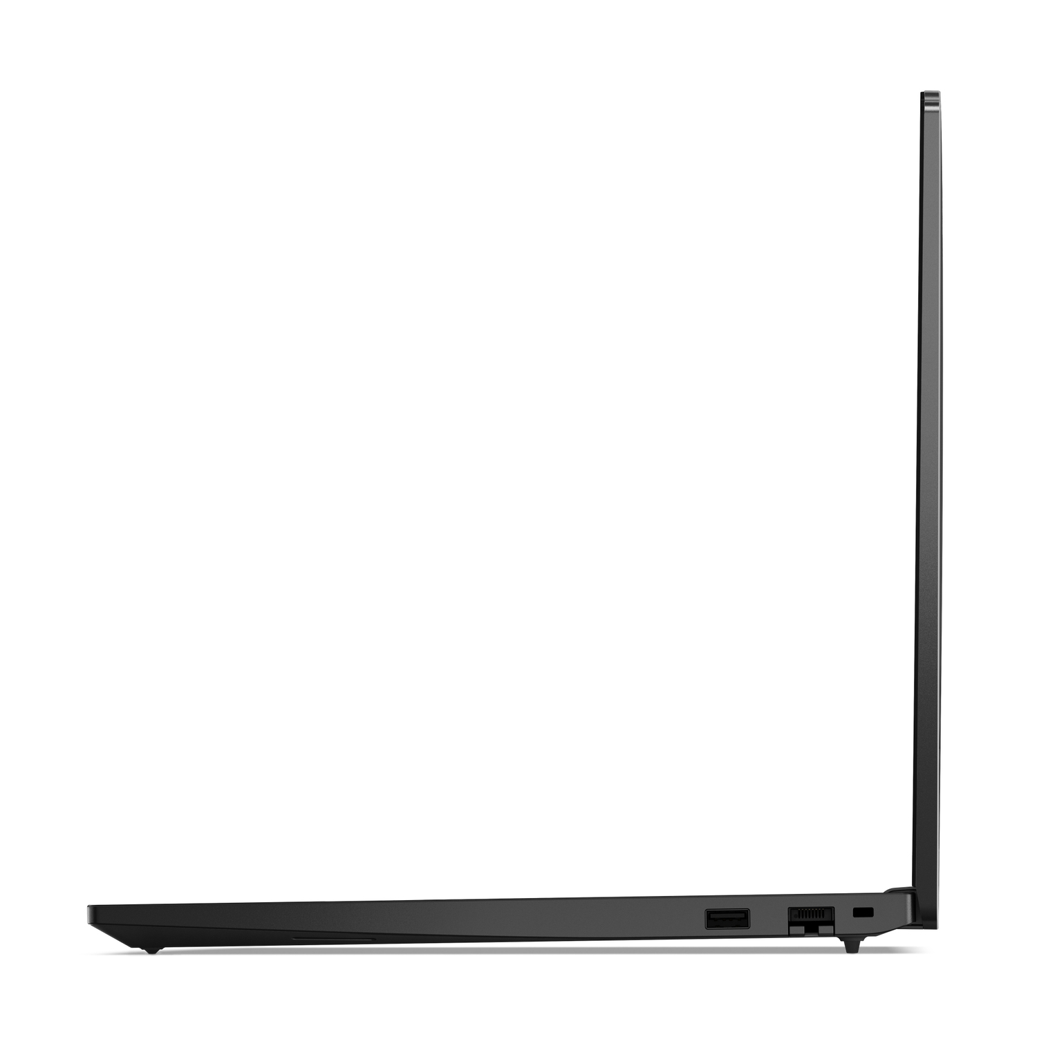 Zijaanzicht van een zwarte laptop op een witte achtergrond.