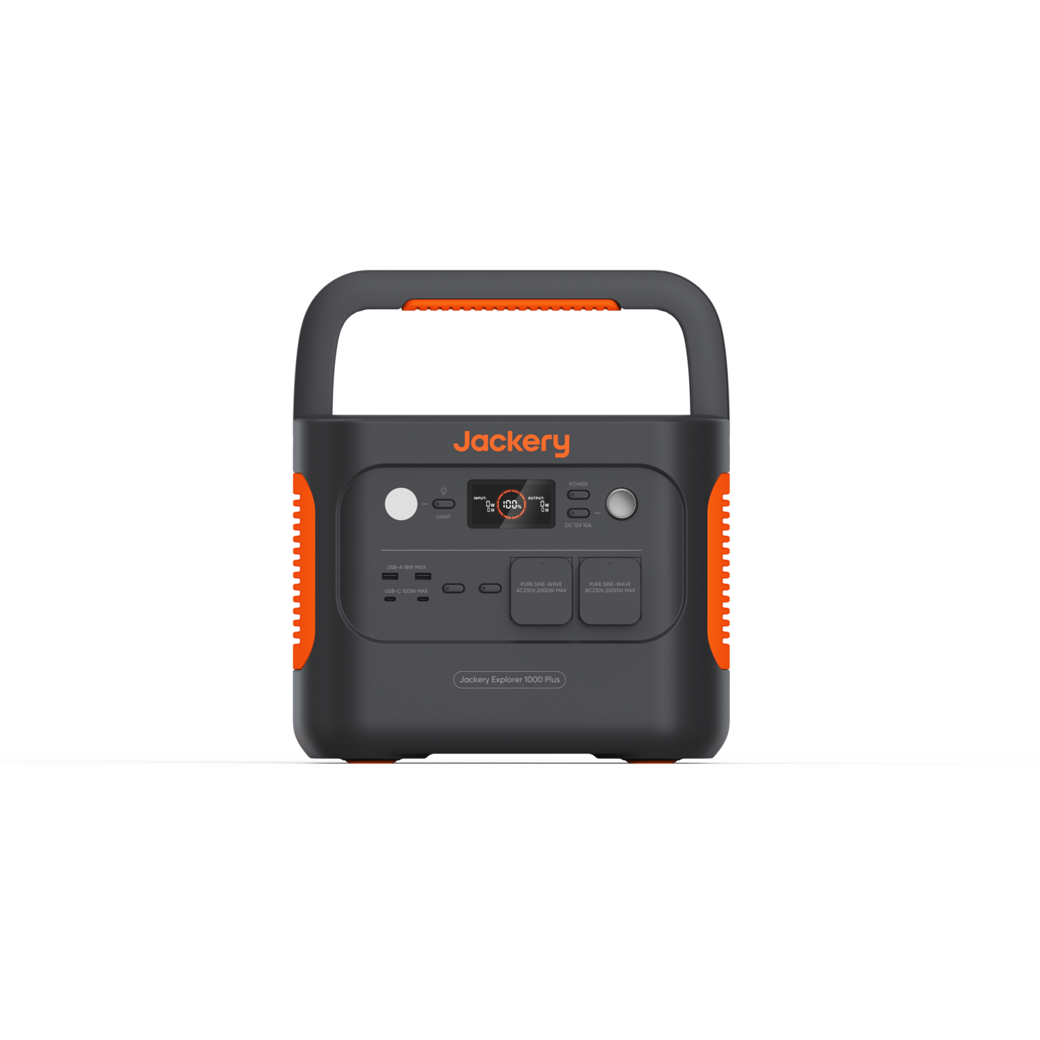 Jackery Explorer 1000 Plus draagbaar energiecentrale, in zwart en oranje, met display en poorten.
