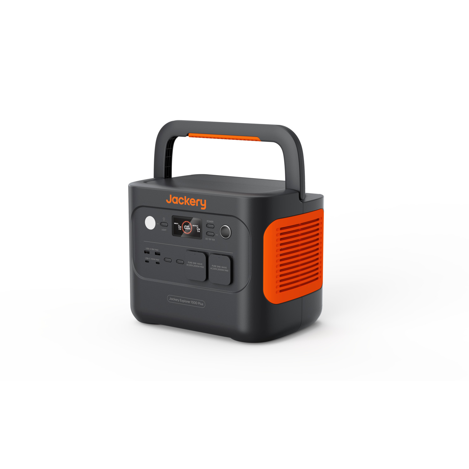 Zwart en oranje draagbaar energiecentrale met een handvat en display.