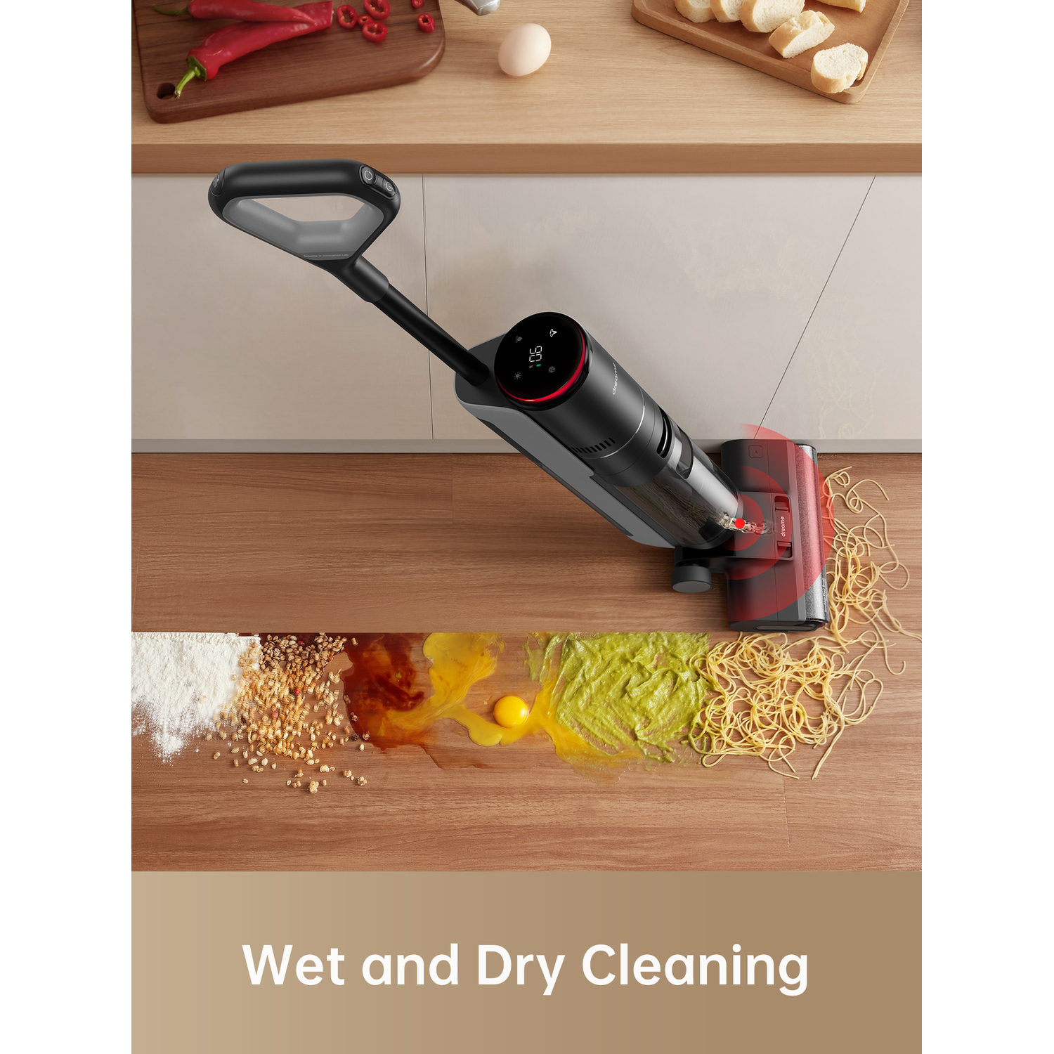A cordless vacuum cleaner on a wooden floor, with spilled food ingredients in front.