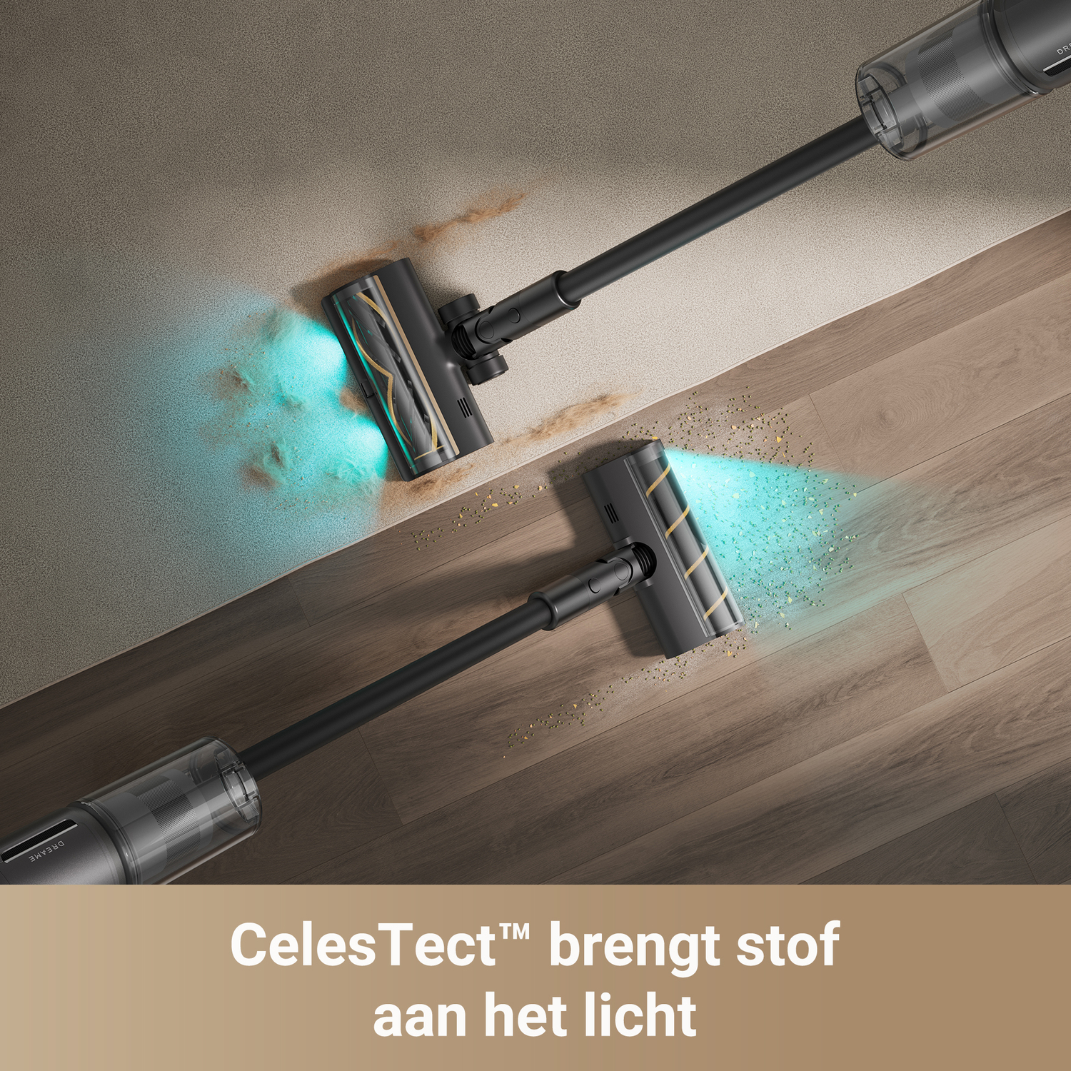Twee stofzuigers aan het schoonmaken. Eén op tapijt, één op houten vloer. Blauw licht wordt uitgezonden.