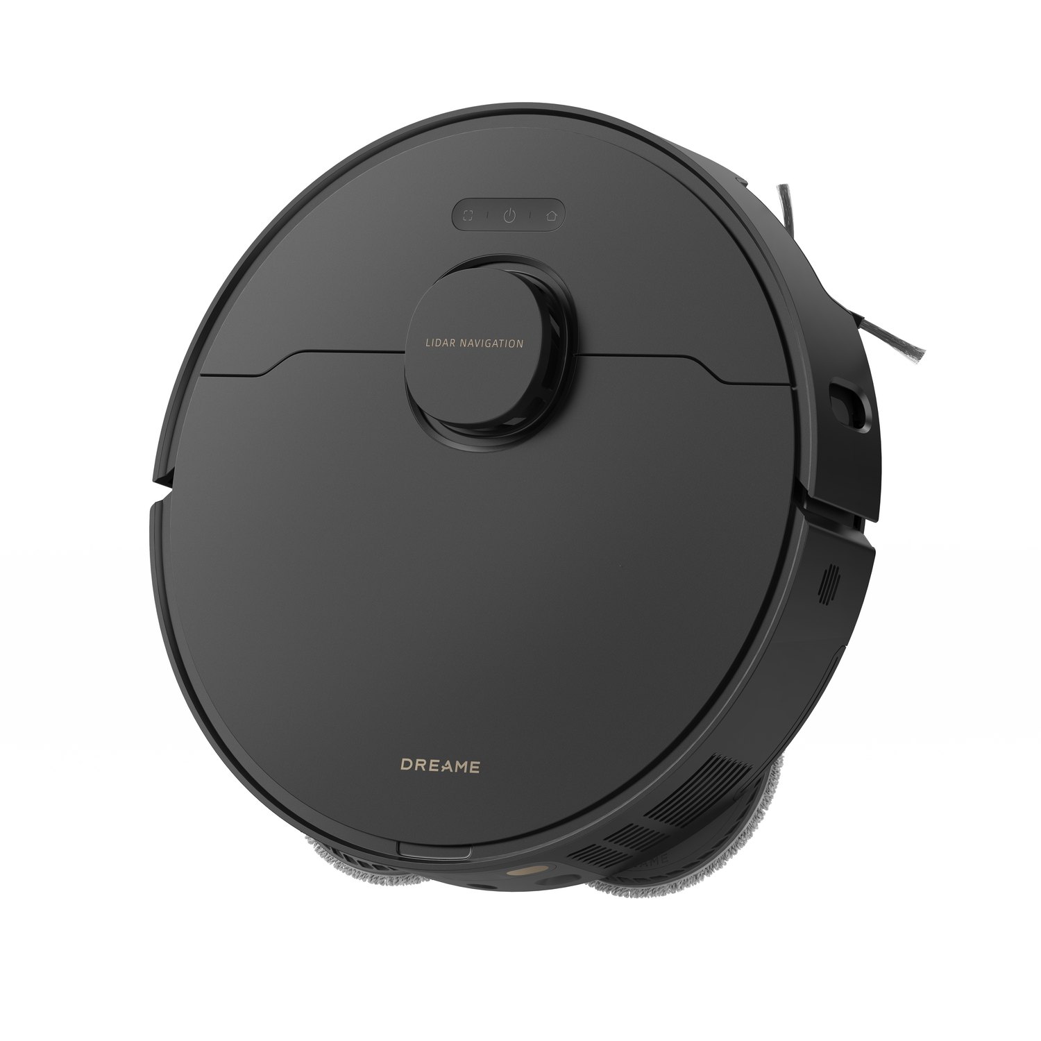 A black robotic vacuum cleaner, with a circular design. It has a top-mounted control panel and brushes.