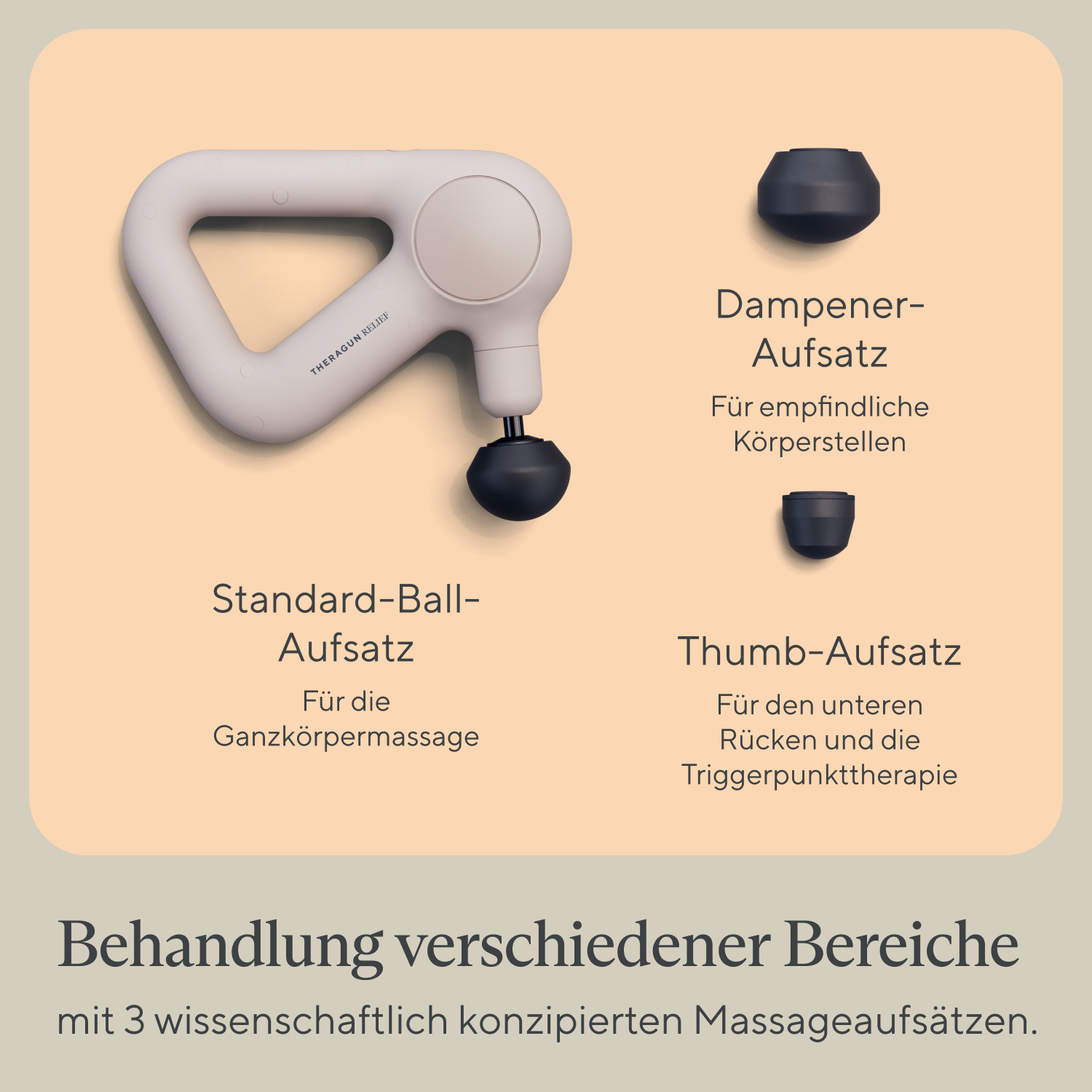 Theragun-Massagegerät mit Aufsätzen. Ball, Daumen, Dämpfer. Weißer Hintergrund.