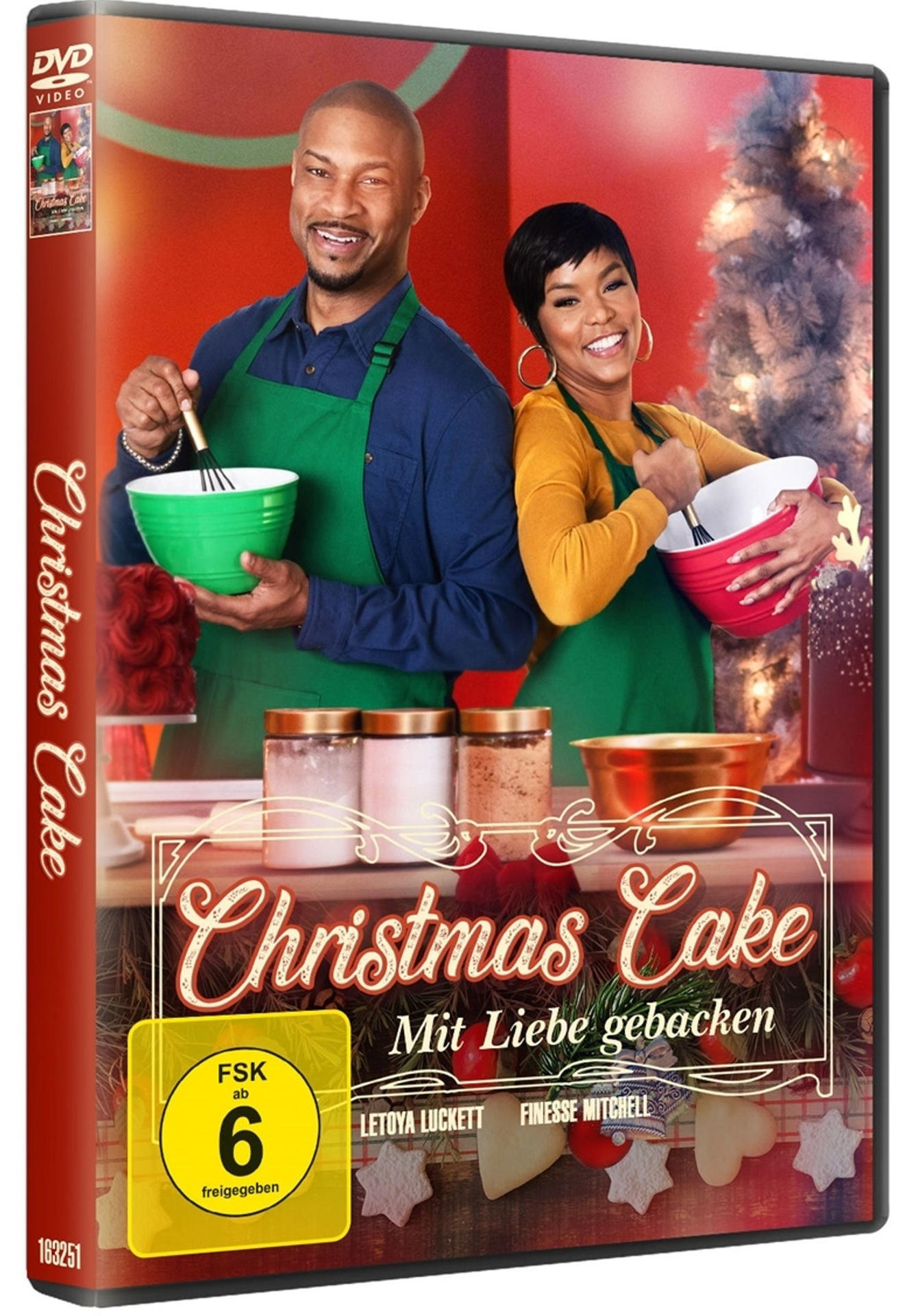 Eine DVD-Hülle von 'Christmas Cake' mit einem Mann und einer Frau, die Schüsseln halten.