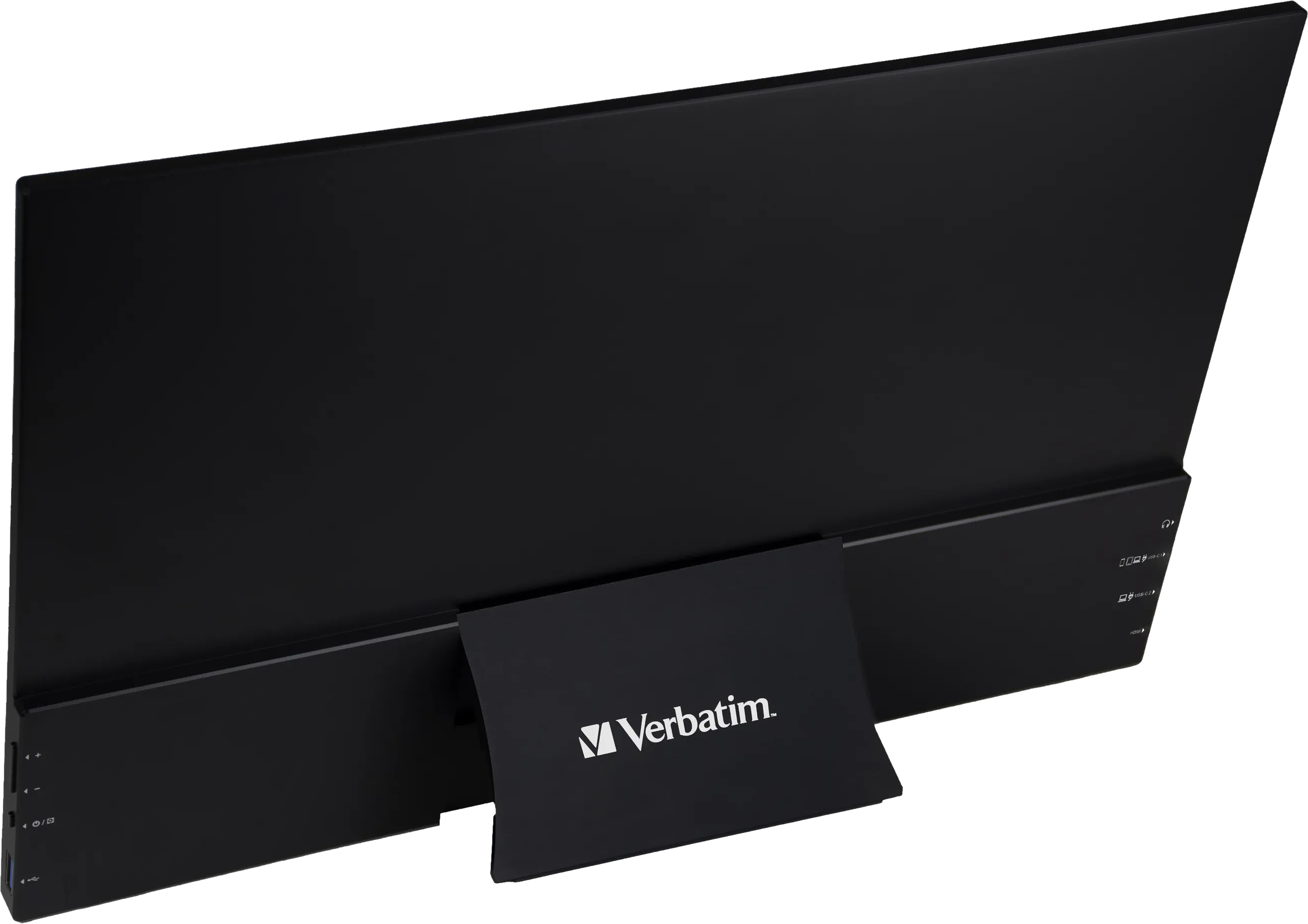 Monitor nero, logo Verbatim sul supporto. Vista posteriore con supporto.