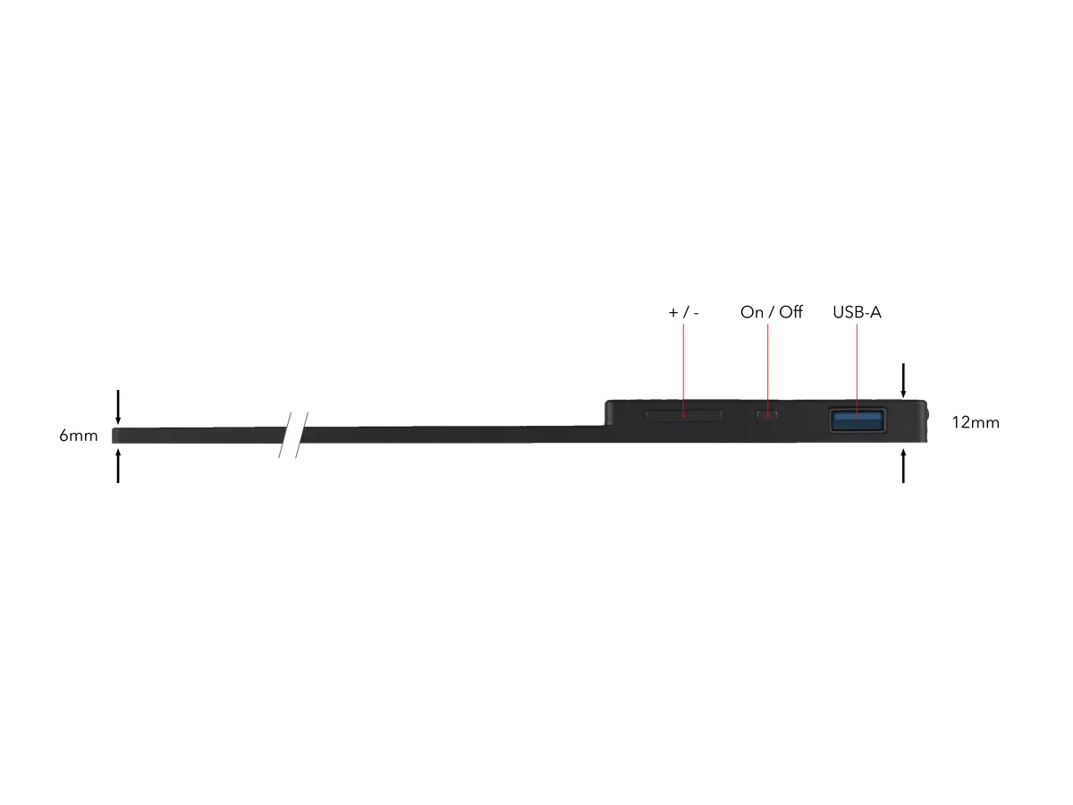 Un dispositivo elettronico nero e sottile con porta USB, pulsante on/off e pulsanti più/meno, con misure.