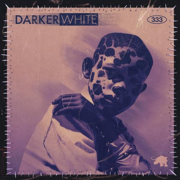 Albumcover 'Darker White'. Gesicht einer Person mit Fleckenmuster. Genähter Rahmen.