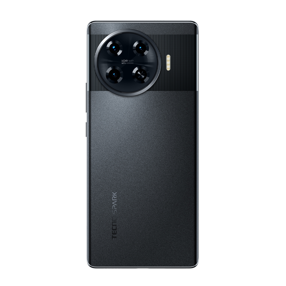 Dört arka kamerası ve gümüş rengi arkası olan siyah bir akıllı telefon. Markası TECNO SPARK.