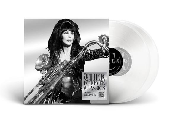 Cher Albumcover, Schwarz-Weiß-Foto von Cher auf einem Motorrad, mit zwei durchsichtigen Vinylplatten.