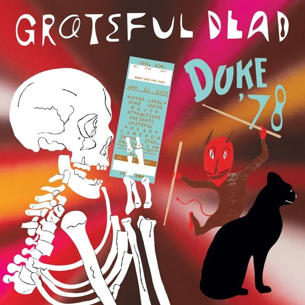 Grateful Dead Konzertplakat, mit Skelett, Teufel, schwarzer Katze und Konzertticket.