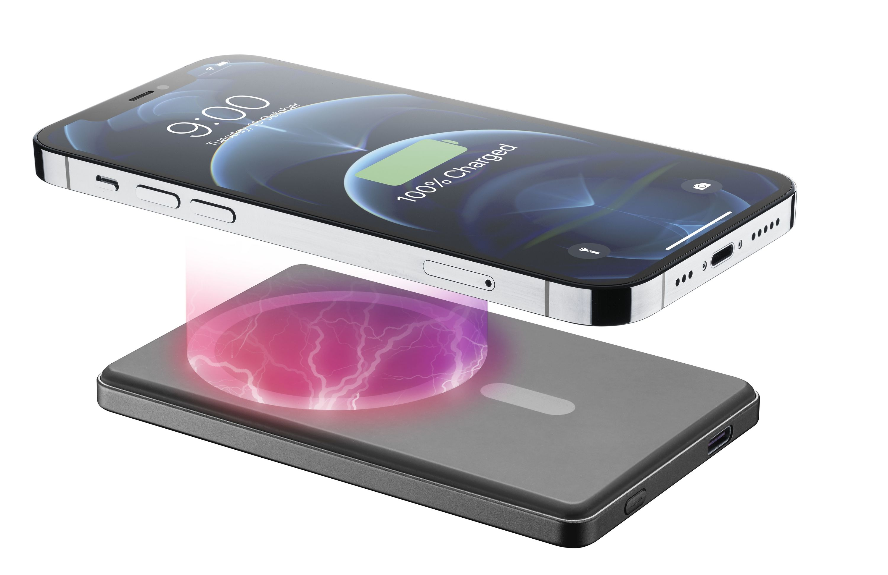 Bir akıllı telefon bir ped üzerinde kablosuz olarak şarj oluyor. Telefon, %100 şarj edilmiş bir pil ve pembe bir enerji alanı gösteriyor.