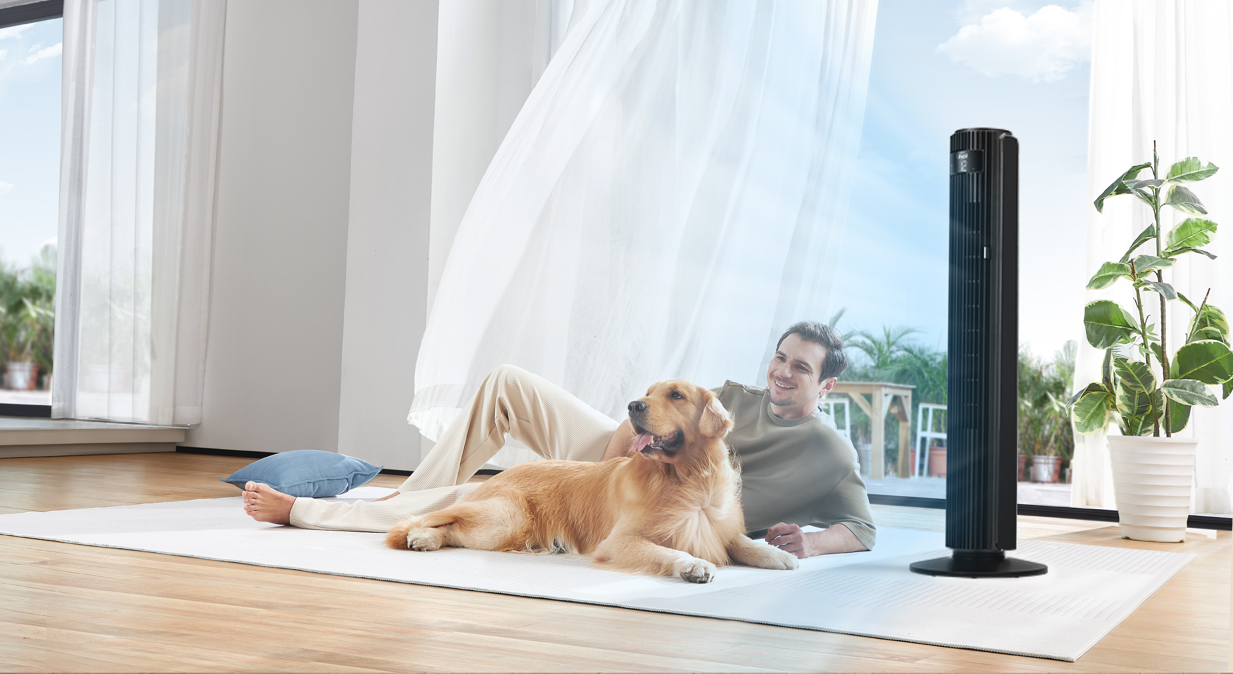 Bir adam ve bir köpek, pencere, perde ve bitki olan bir odada, siyah bir fanın yanında dinleniyor.