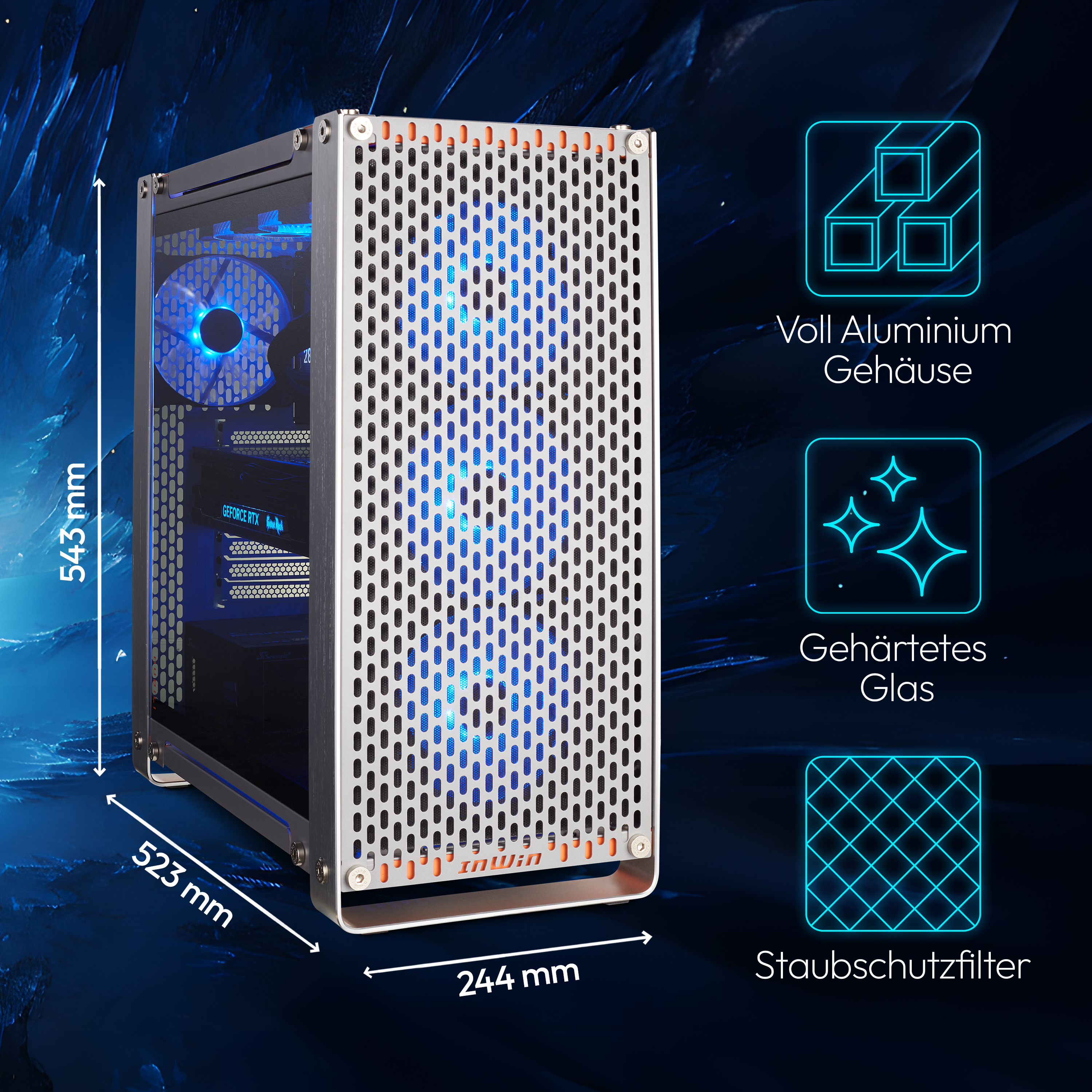 Ein Computergehäuse mit perforierter Front, Abmessungen und Icons für Features, alles vor blauem Hintergrund.